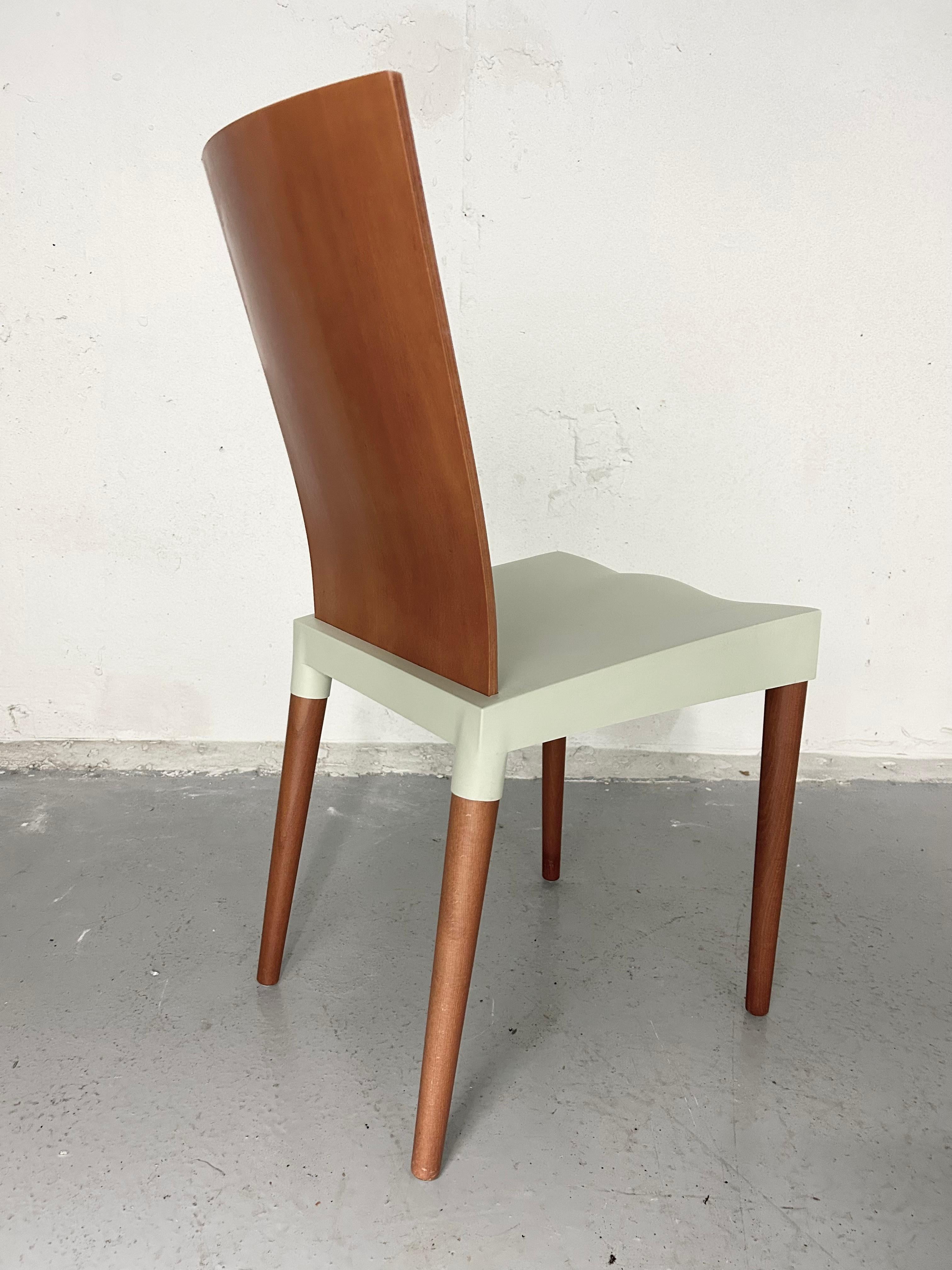 Vintage 90s miss trip chairs by Philippe Starck for Kartell - made in Italy. Minimal wear. One chair does have tiny chip in top left corner of the wood. 

Measures: 34” height.
18” seat height.
15.5” width.
16” dept.h