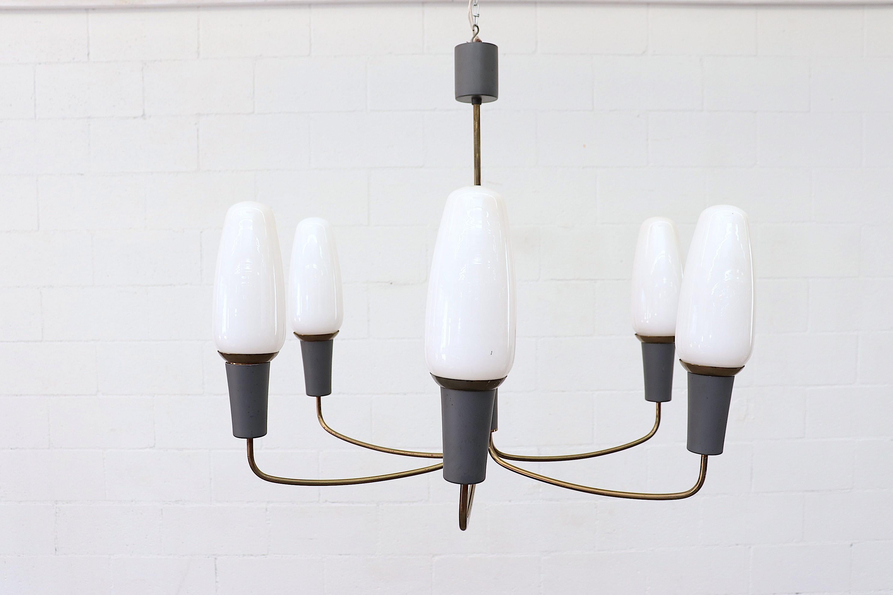Rare, mid-century Philips ceiling chandelier. Handsome and multi-armed, this piece features blue-grey enameled fittings and brass arms. It is important to note that these are actual glass light bulbs seated in the fittings and not shades. That means