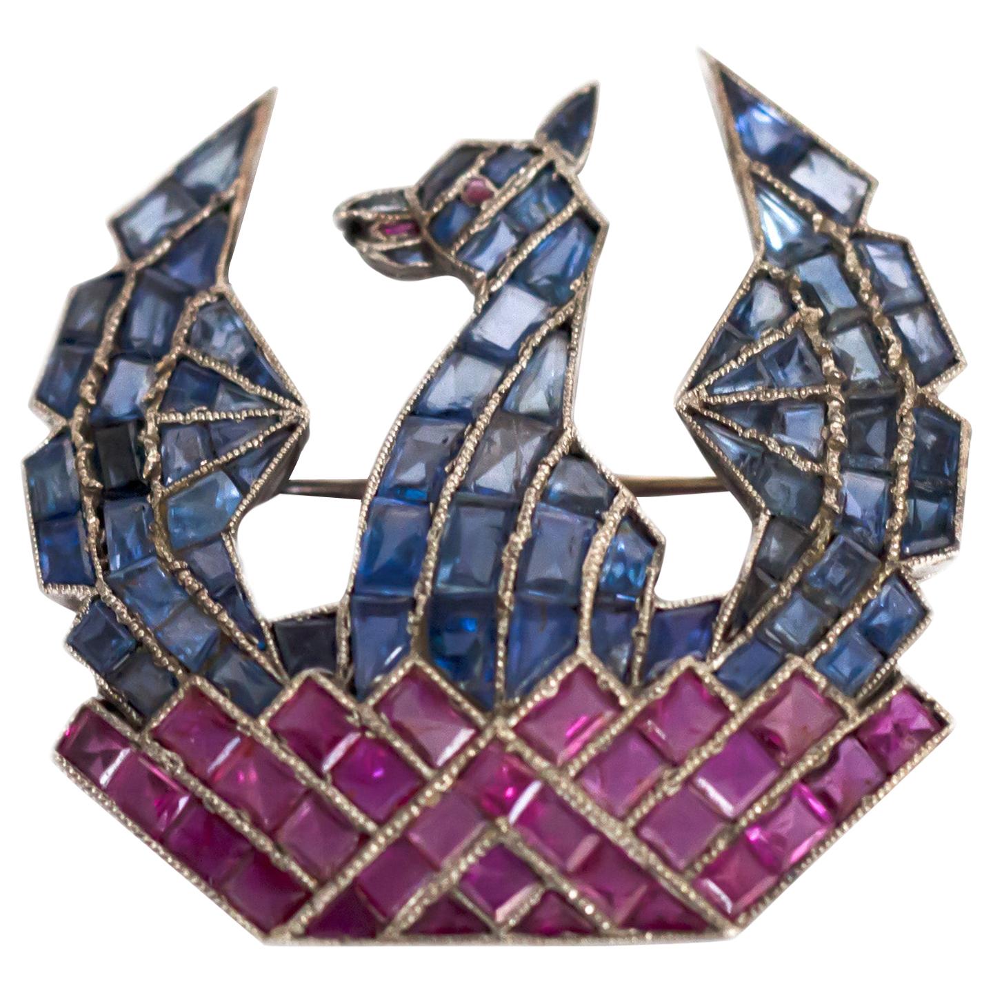 Vintage Phoenix Bird Ruby and Sapphire Pin For Sale