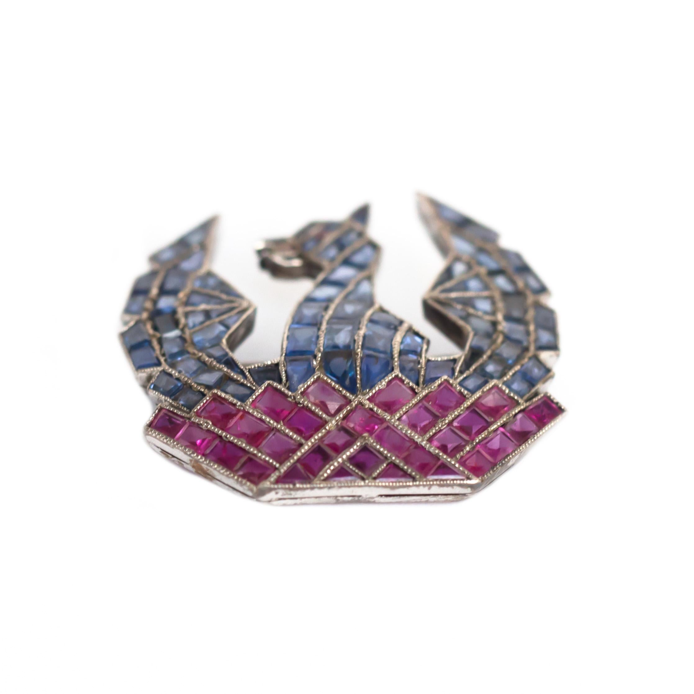 Metal Type: Platinum & Silver  [Hallmarked, and Tested]
Weight:  8.1 grams

Sapphire Details:
Weight: 2.00 carat
Cut: Old Portrait Cut
Color: Blue, Natural, Unheated
Clarity: Mixed

Ruby Details:
Weight: 2.00 carat
Cut: Old Portrait Cut
Color: Red,