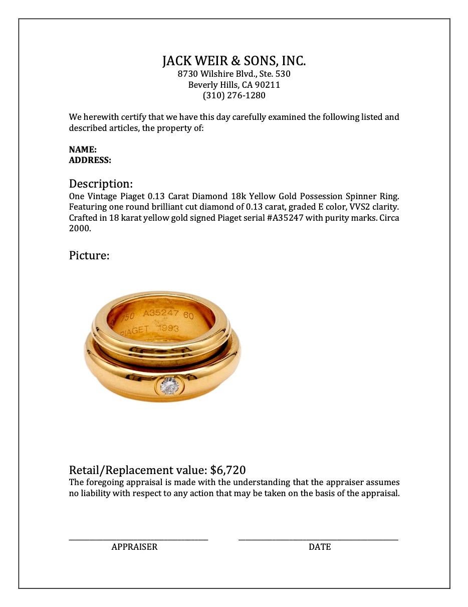 Women's or Men's Vintage Piaget 0.13 Carat Diamond 18k Yellow Gold Possession Spinner Ring