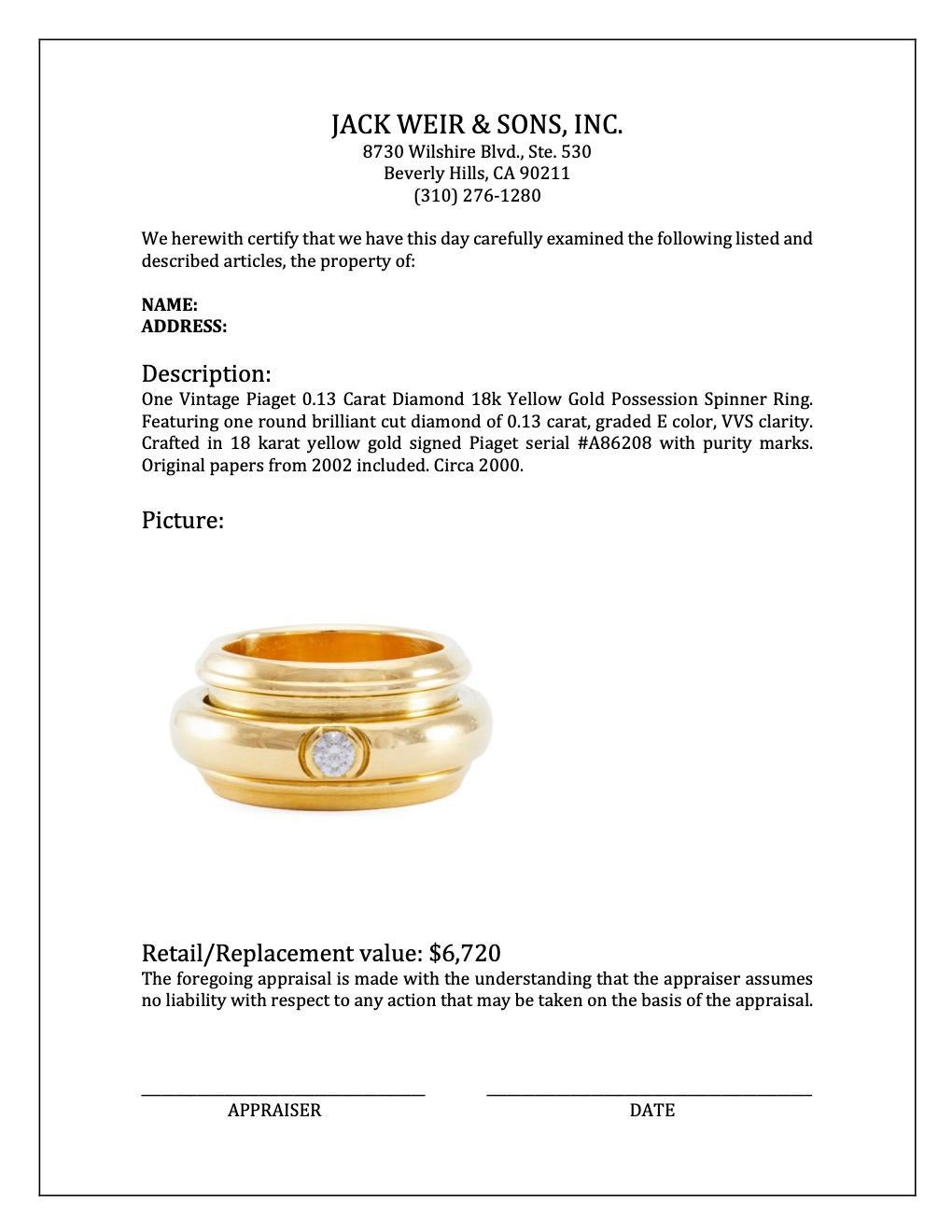 Vintage Piaget 0.13 Carat Diamond 18k Yellow Gold Possession Spinner Ring 1