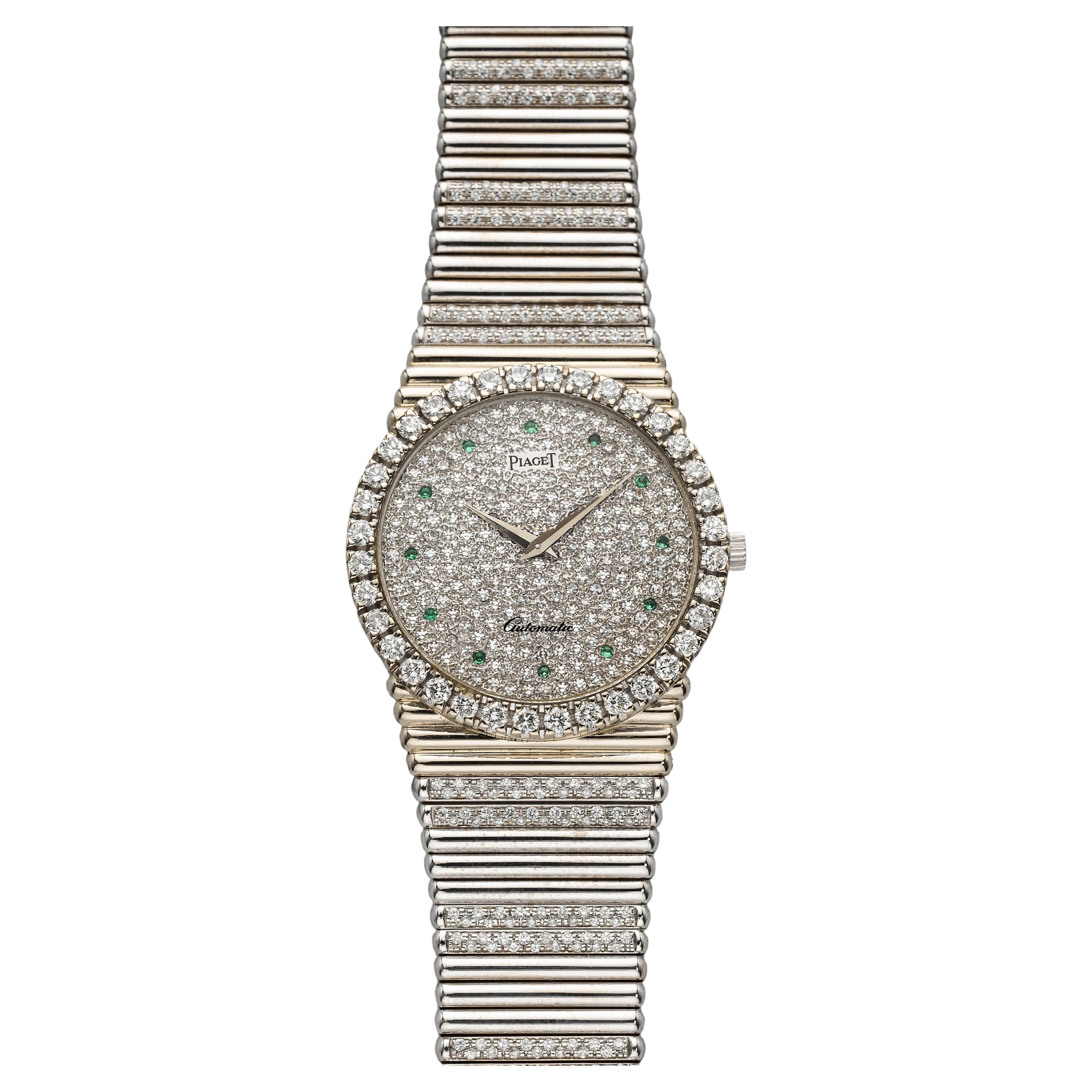 Vintage Piaget 12336 18K WG Diamond & Emerald Pave Dial Automatic 34mm For Sale