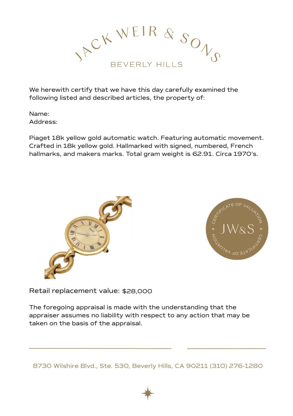 Women's Vintage Piaget 18k yellow gold watch For Sale