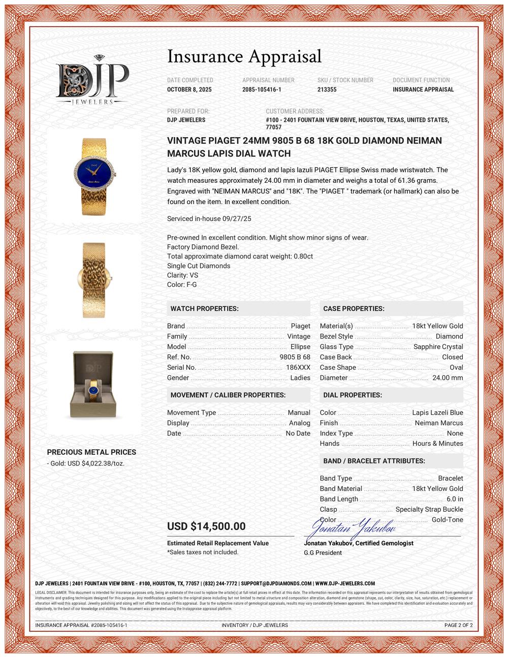 Vintage By Piaget 24MM 9805 B 68 18K Gold Diamant Neiman Marcus Lapis Zifferblatt Uhr im Angebot 8