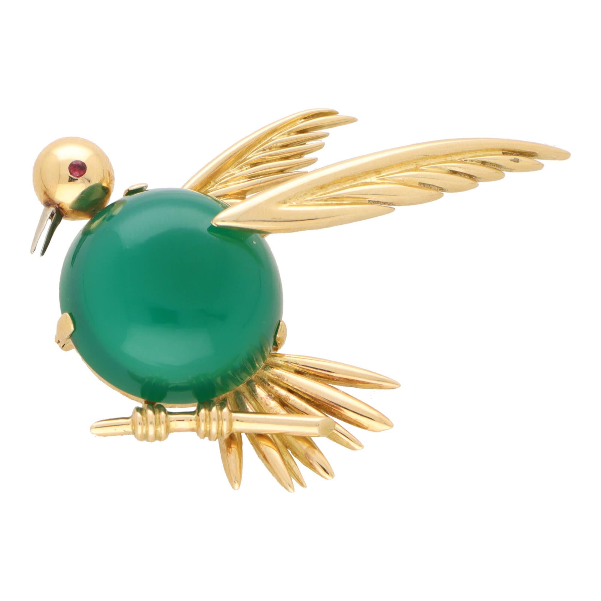 Cabochon Vintage Piaget Chrysoprase and Ruby Bird Brooch in 18k Yellow Gold