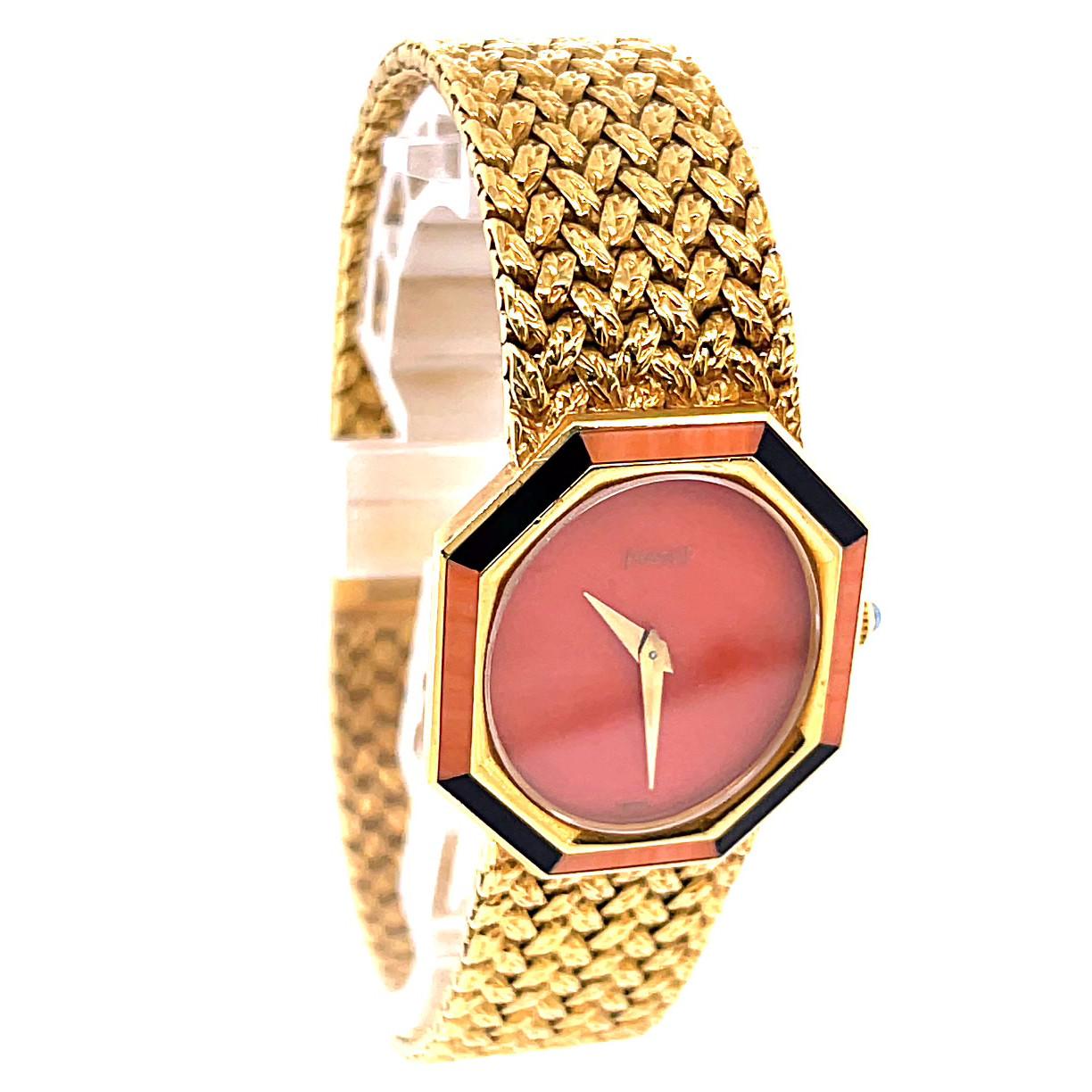 Cabochon Vintage Piaget Coral Onyx 18 Karat Gold Watch