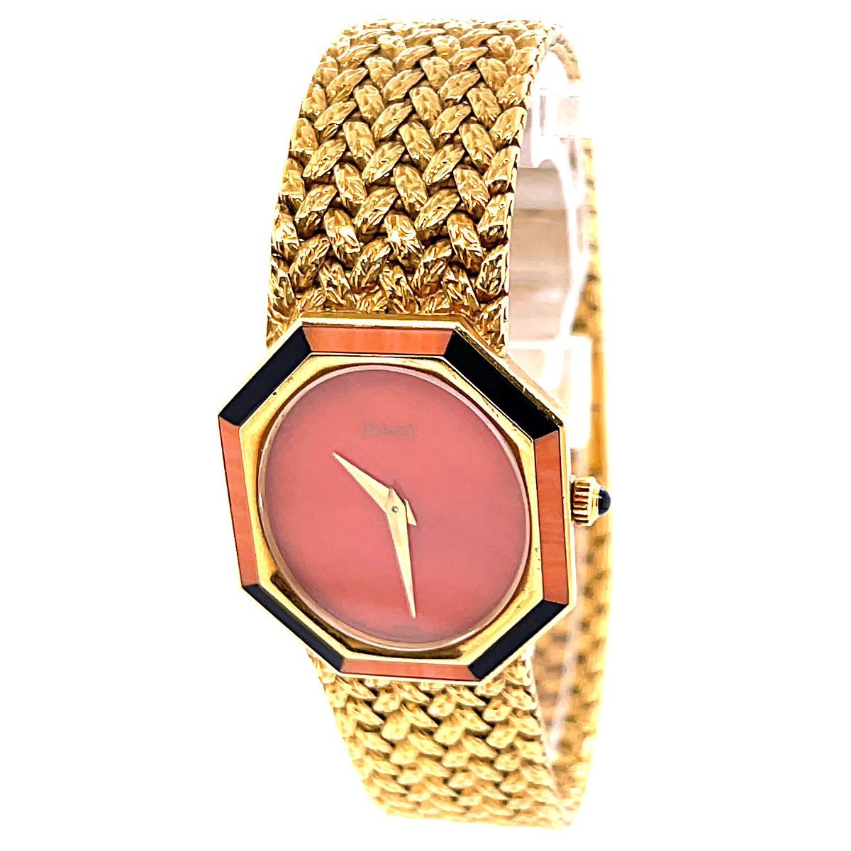 Vintage Piaget Coral Onyx 18 Karat Gold Watch In Excellent Condition In Beverly Hills, CA