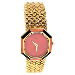 Vintage Piaget Coral Onyx 18 Karat Gold Watch