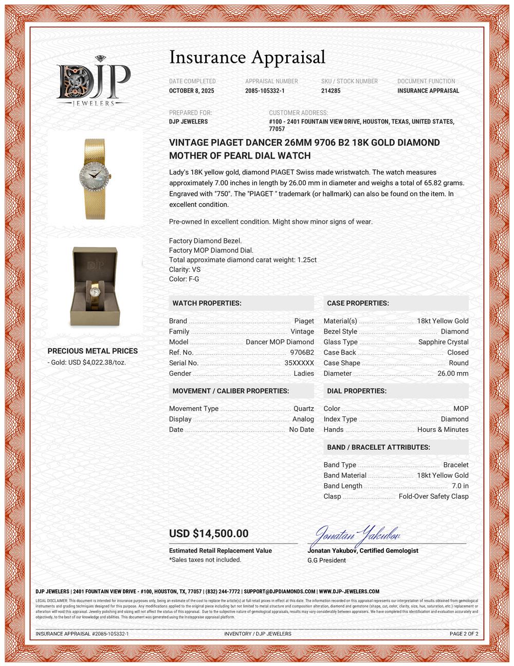 Vintage Piaget Dancer 26MM 9706 B2 18K Gold Diamant Perlmutt Zifferblatt Uhr im Angebot 5