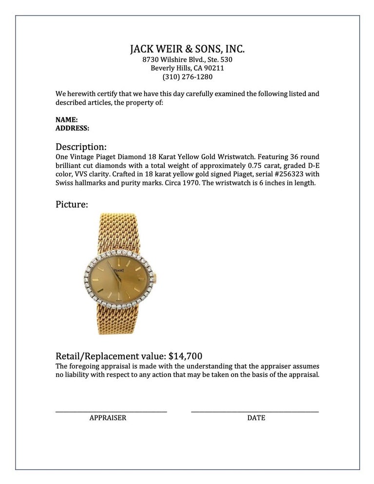 Vintage Piaget Diamond 18 Karat Yellow Gold Wristwatch For Sale 2
