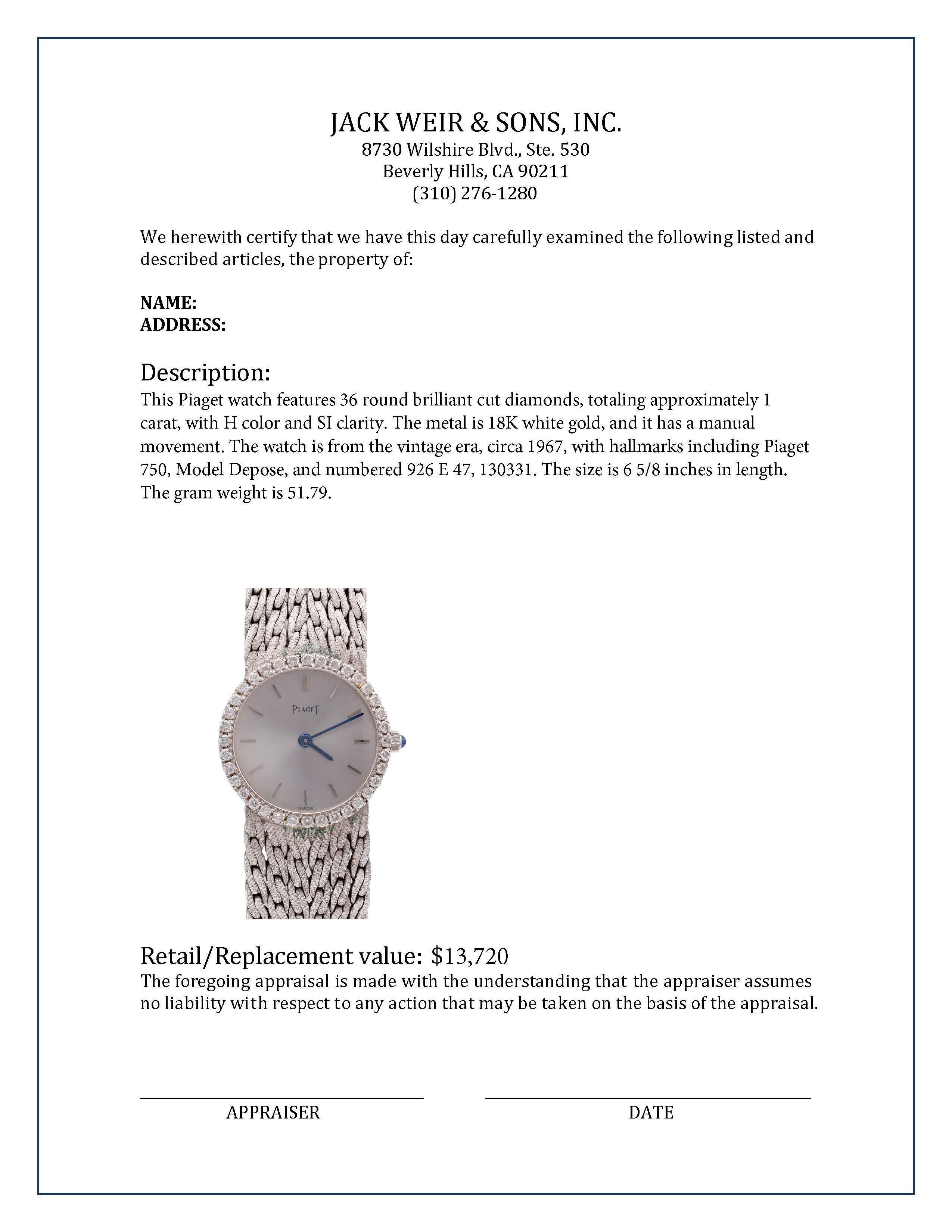 Vintage Piaget Diamant 18K Weißgold Uhr im Zustand „Hervorragend“ in Beverly Hills, CA