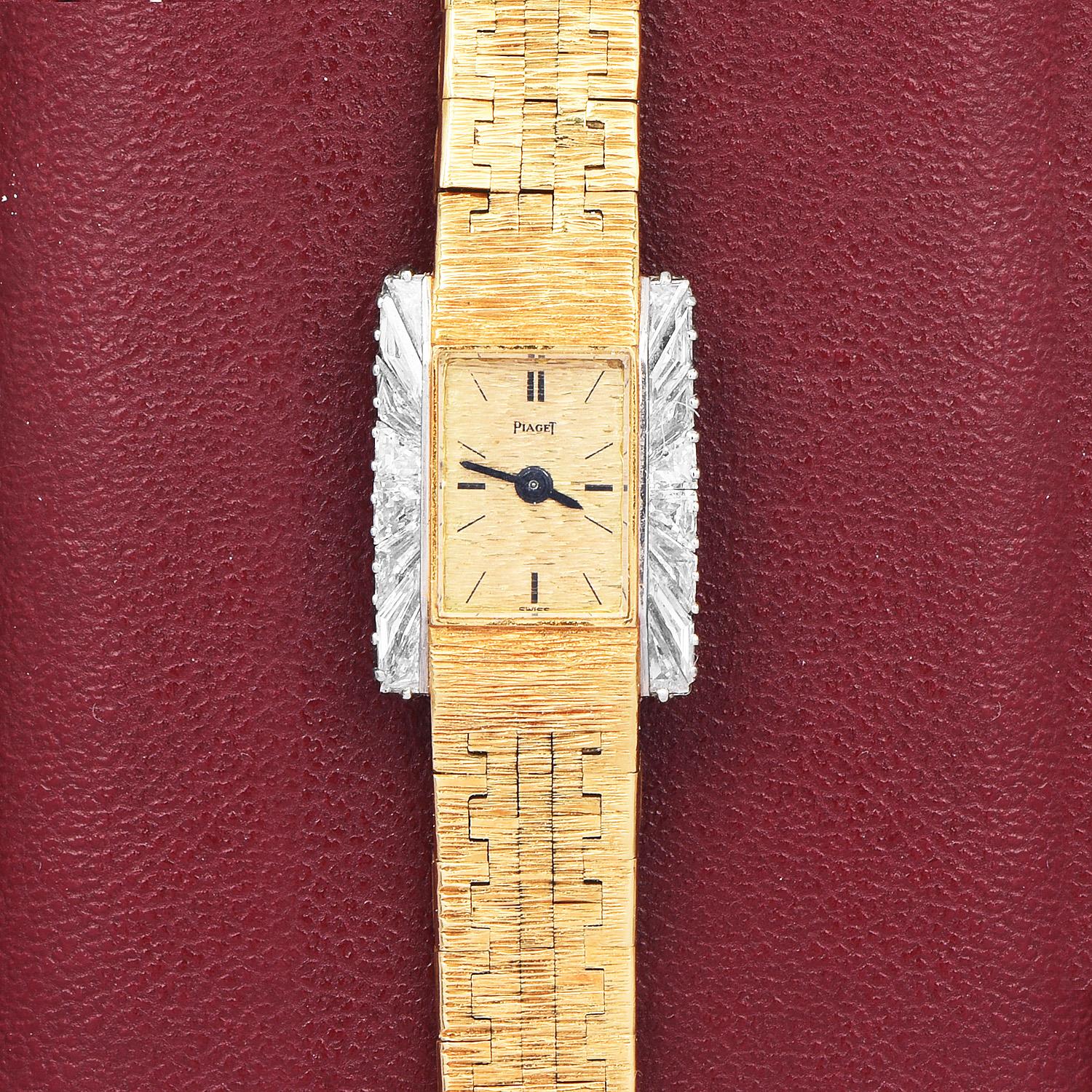 Baguette Cut Vintage Piaget Diamond 18K Yellow Gold Ballerina Ladies Wrist Watch For Sale