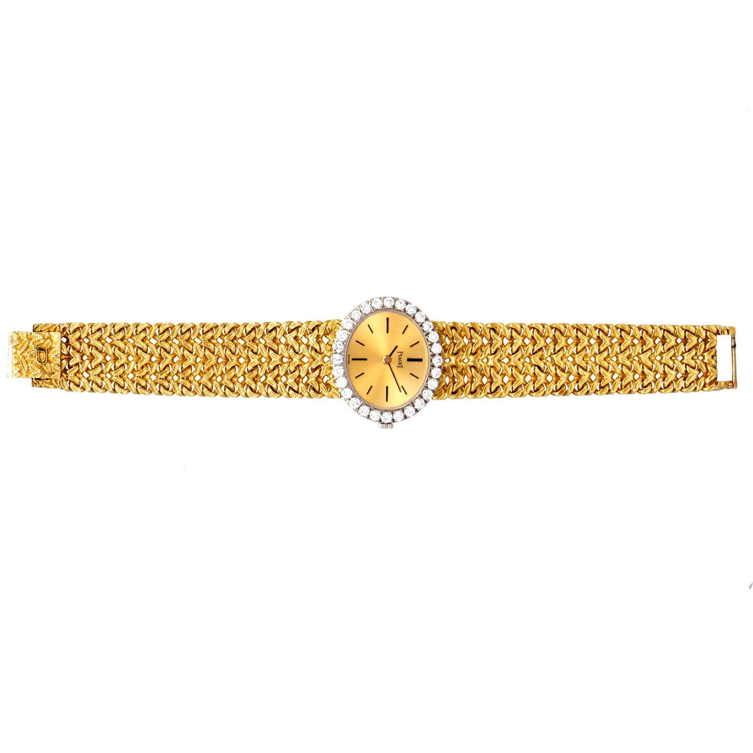 Round Cut Vintage Piaget Diamond 18K Yellow Gold Oval Dial Ladies Watch 