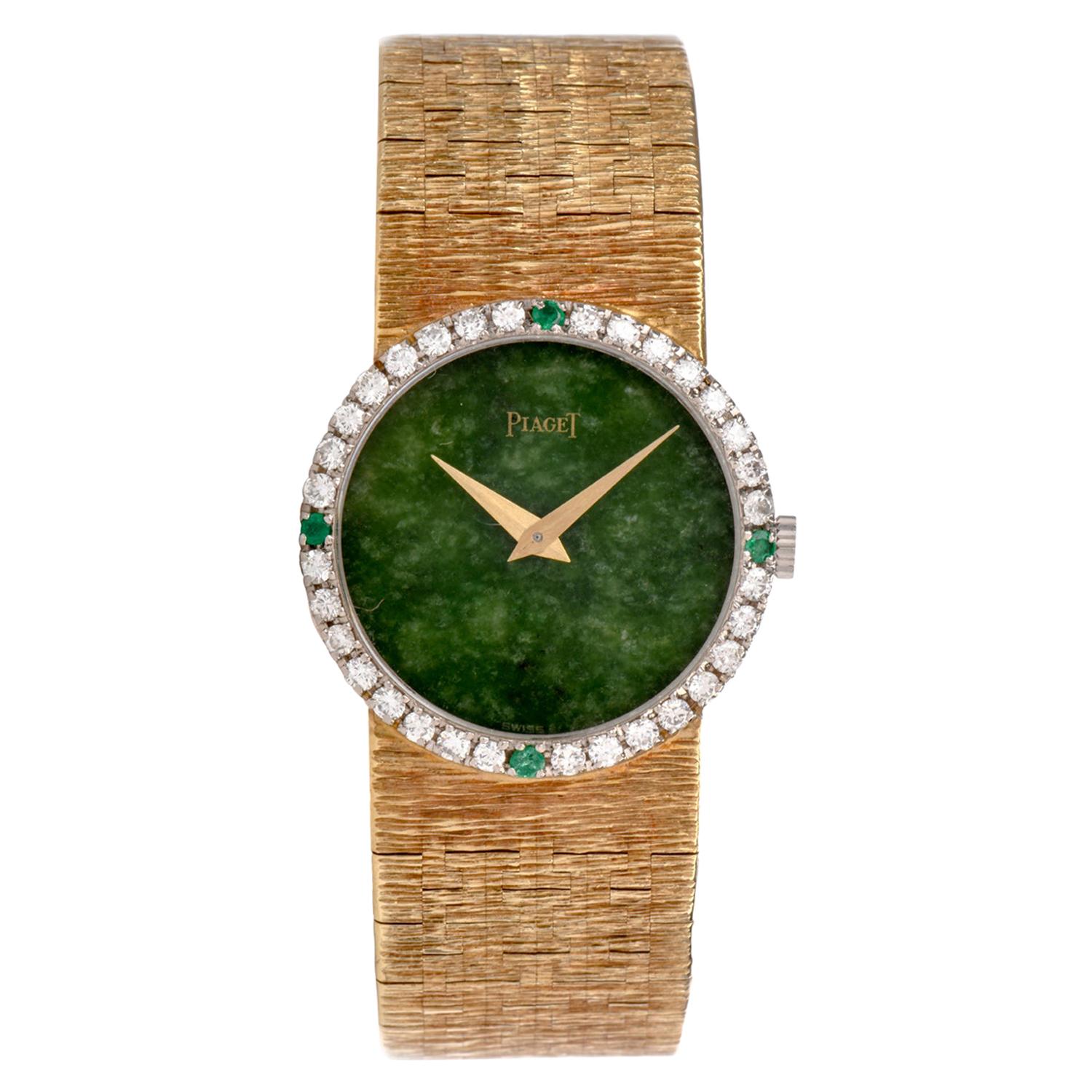 Vintage Piaget Diamond Emerald Jade Ladies 9706A6 18 Karat Gold Watch