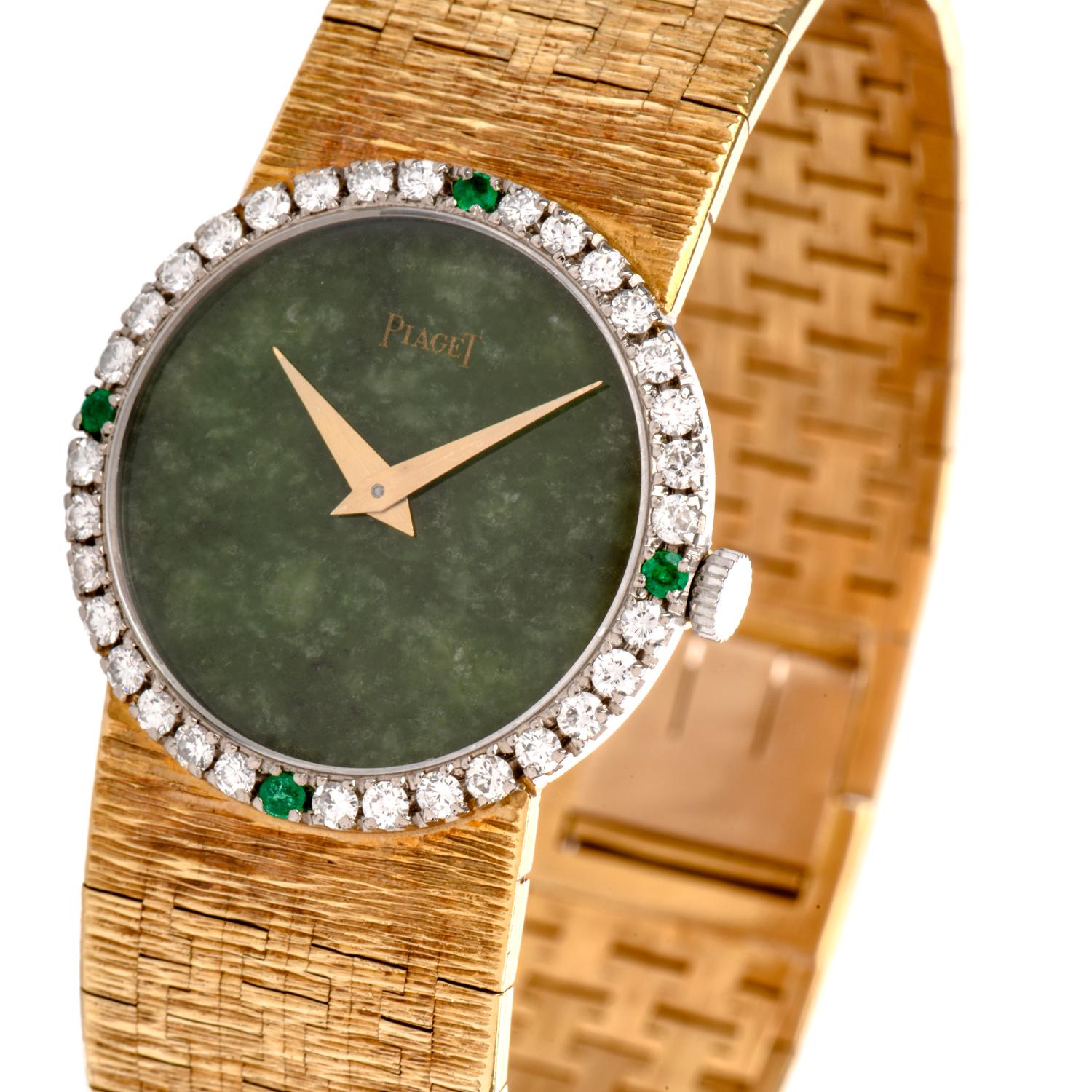 This exquisite Vintage 1960's Preowned Piaget 9706A6 watch was crafted in 18K yellow gold weighing approx. 53.3 grams.   The bezel is diamond and emerald laid with emeralds being at 

placed at the quarter hours.  The dial is a genuine jade with