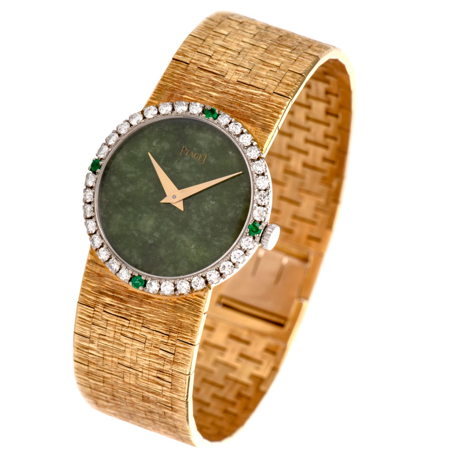 Round Cut Vintage Piaget Diamond Emerald Jade Ladies 9706A6 18 Karat Gold Watch