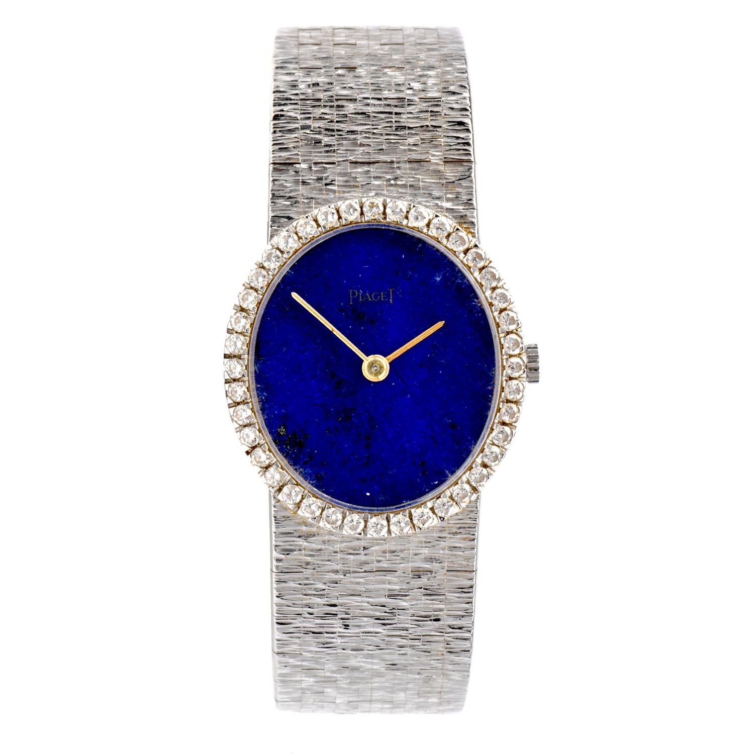 Circa Late 1960’s designer Piaget ladies watch crafted in solid 18-karat white gold. 

Embellished with factory set diamond. Sapphire Crystal, Genuine lapis Dial, 24mm case( without Crown) and 36 factory set round diamonds approx. 0.75 carats, E-F