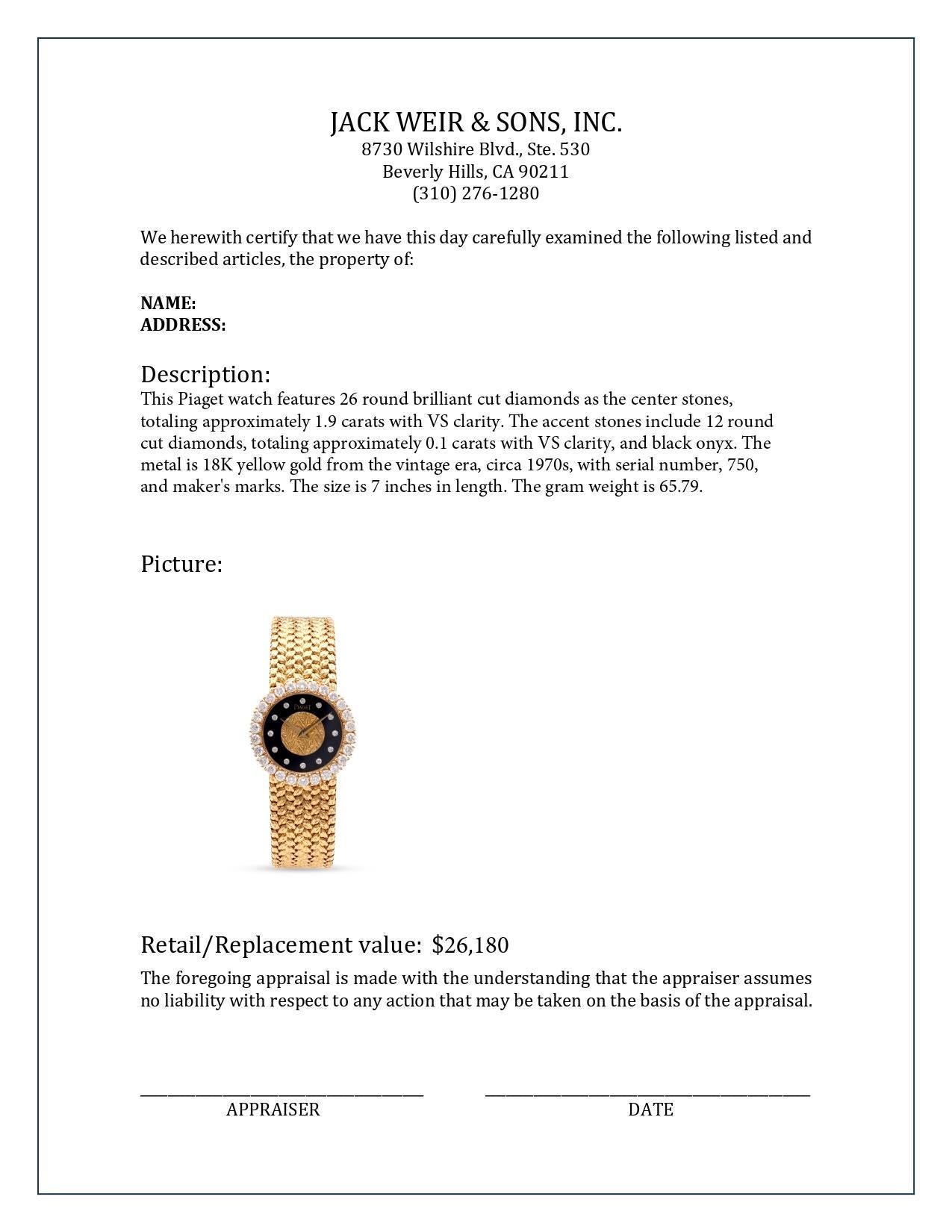 Piaget: 18 Karat Gelbgold Vintage Uhr, Diamant-Onyx-Diamant-Onyx (Brillantschliff)