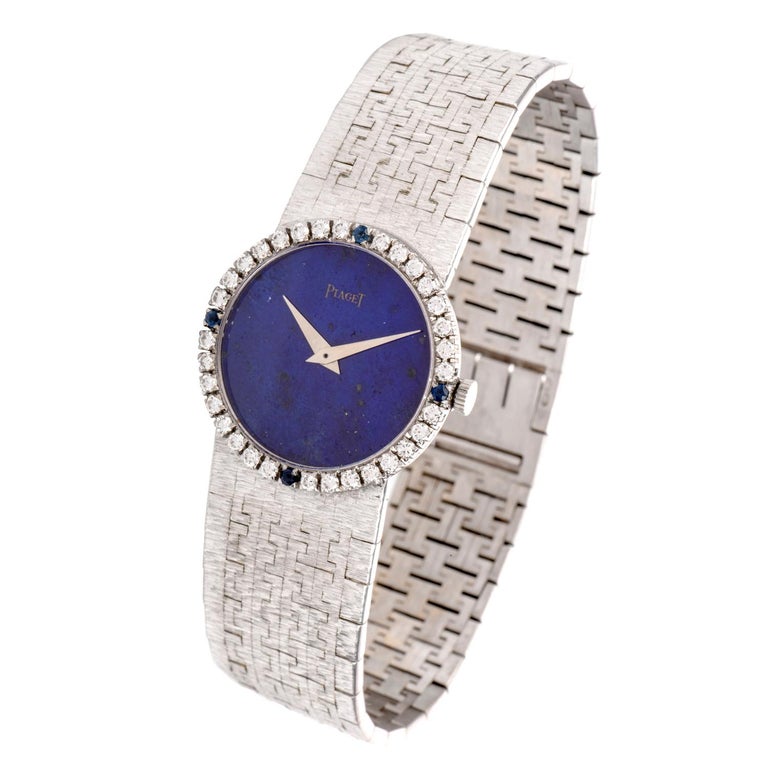 Vintage Piaget Diamond Sapphire Lapis 18 Karat White Gold Ladies Watch