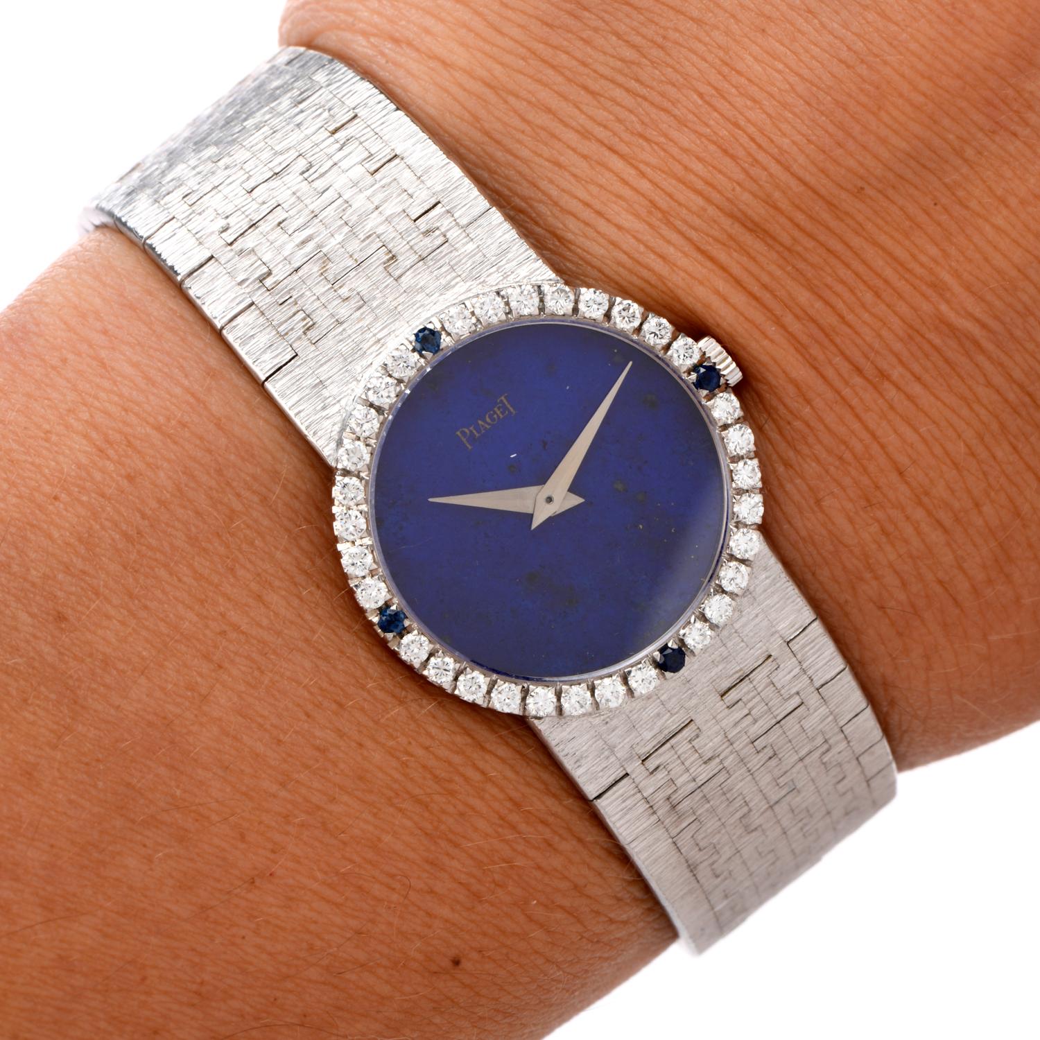 Vintage Piaget Diamond Sapphire Lapis 18 Karat White Gold Ladies Watch 1