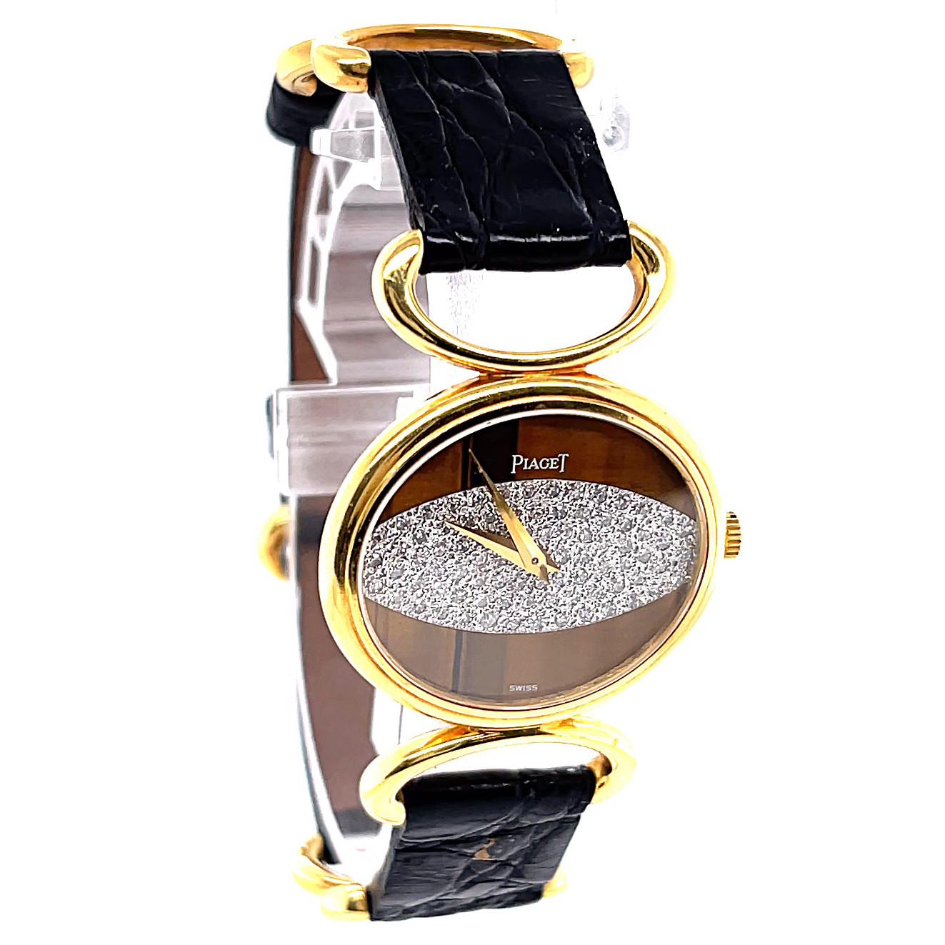 Single Cut Vintage Piaget Diamond Tiger's Eye 18 Karat Gold Watch