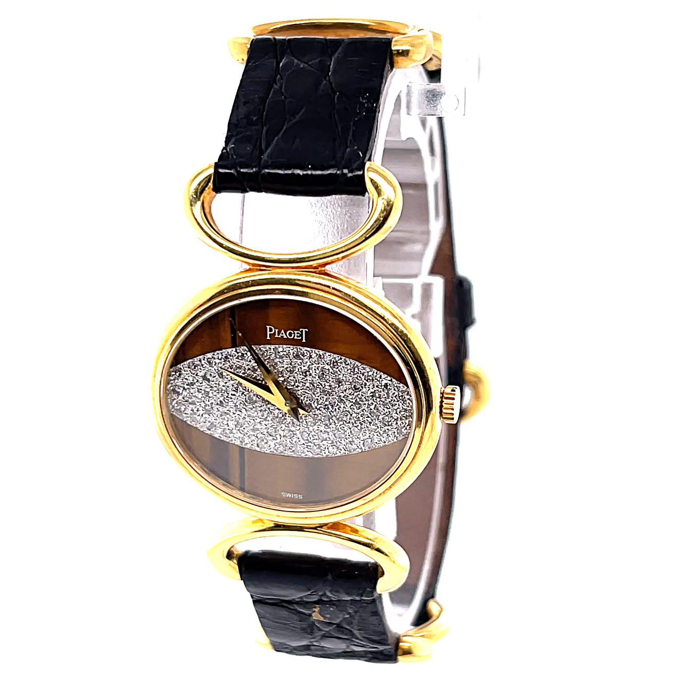 Vintage Piaget Diamond Tiger's Eye 18 Karat Gold Watch In Excellent Condition In Beverly Hills, CA