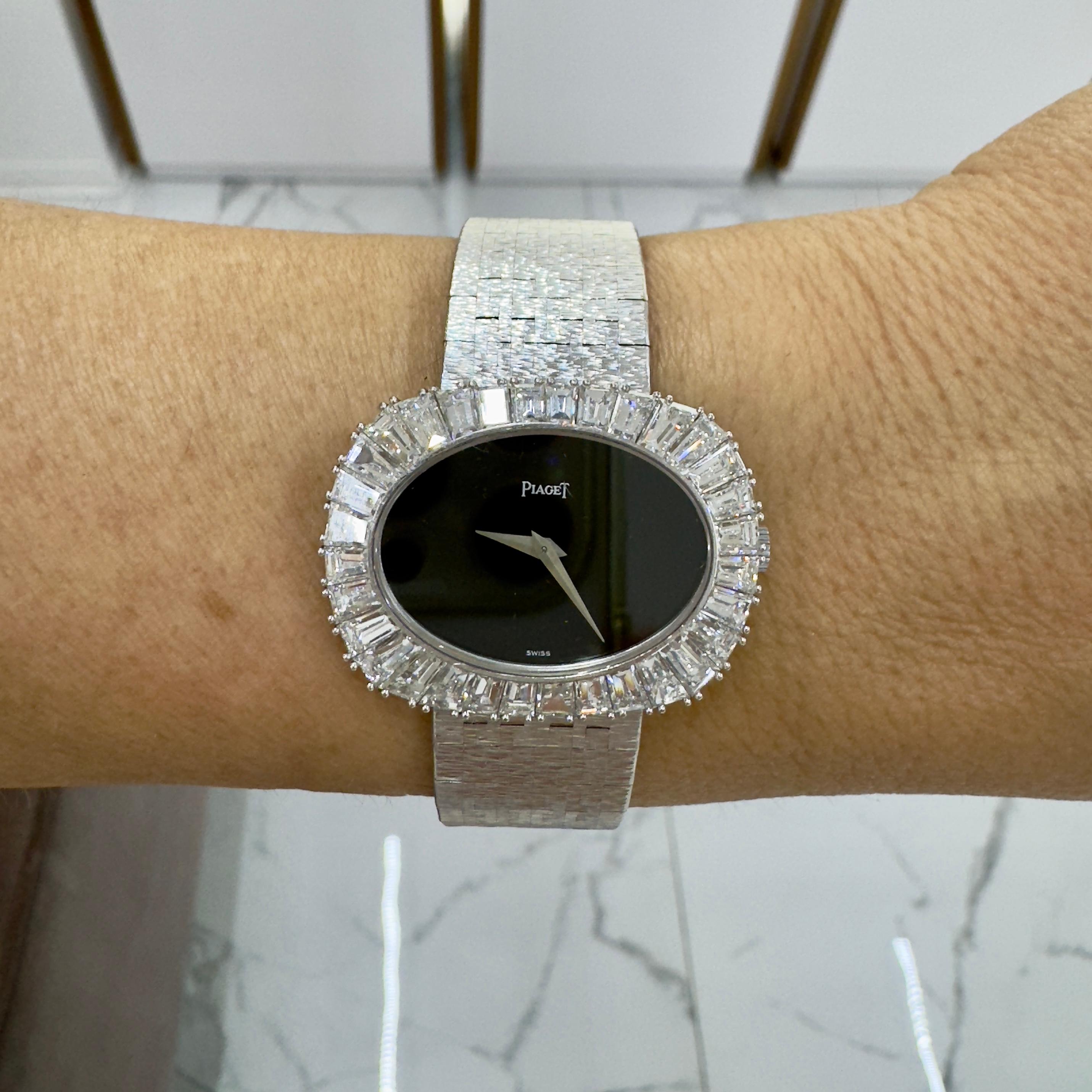 Vintage Piaget Horizonal Oval 34M 98323A6 Weißgold Baguette Diamant Onyx Uhr im Angebot 5