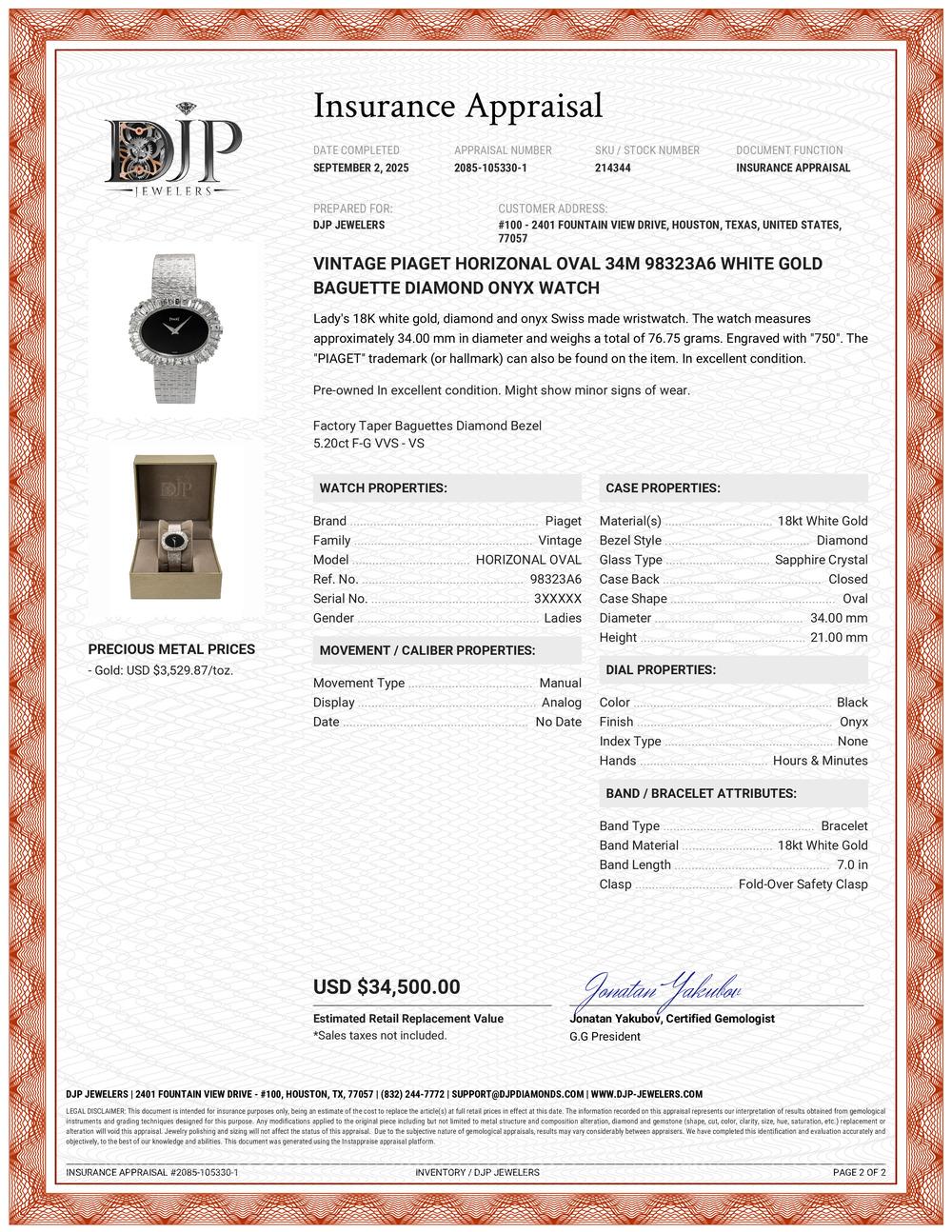 Vintage Piaget Horizonal Oval 34M 98323A6 White Gold Baguette Diamond Onyx Watch For Sale 6