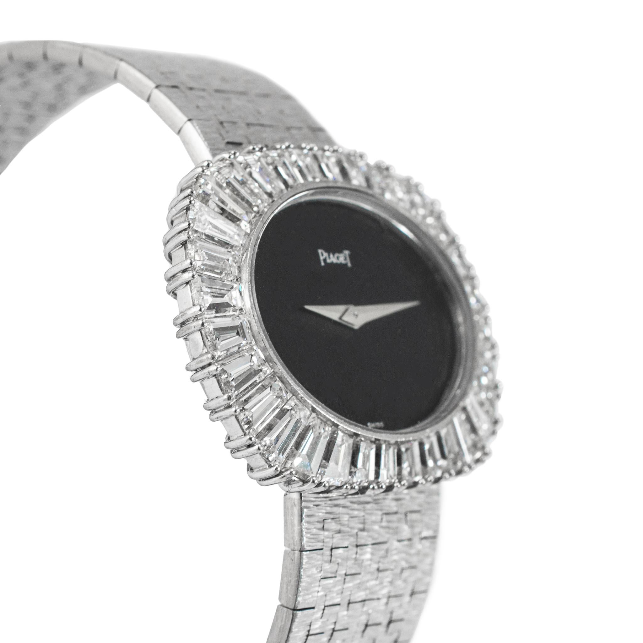 Round Cut Vintage Piaget Horizonal Oval 34M 98323A6 White Gold Baguette Diamond Onyx Watch For Sale