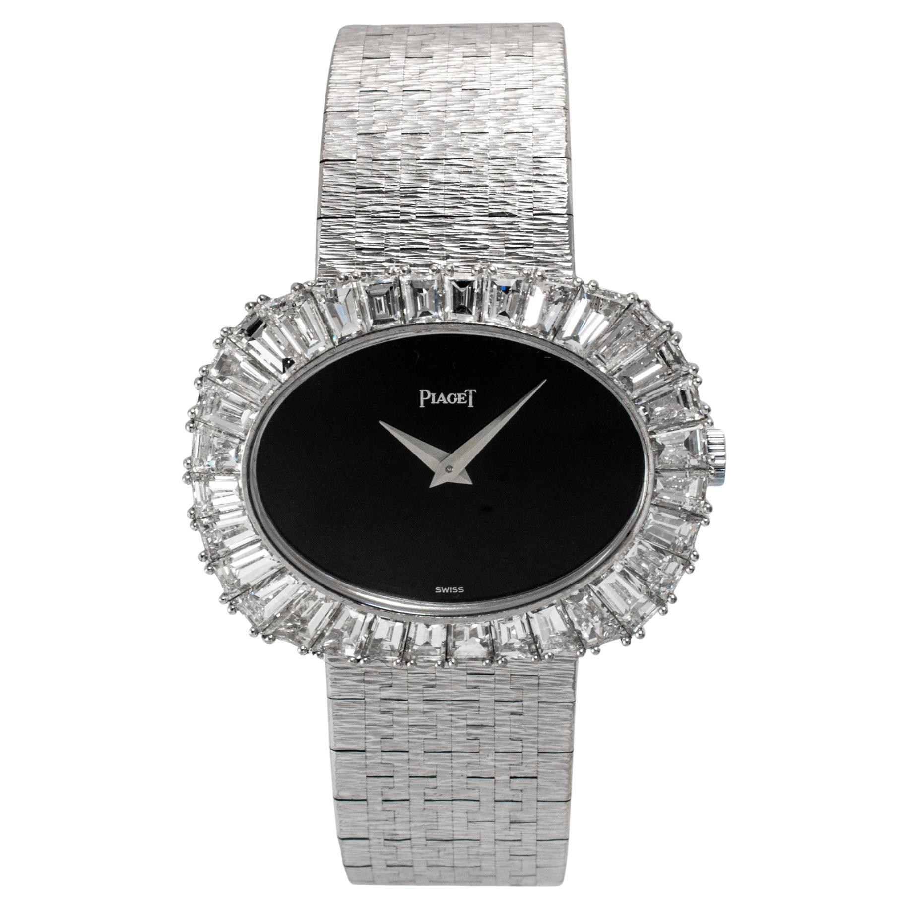 Vintage Piaget Horizonal Oval 34M 98323A6 Weißgold Baguette Diamant Onyx Uhr im Angebot