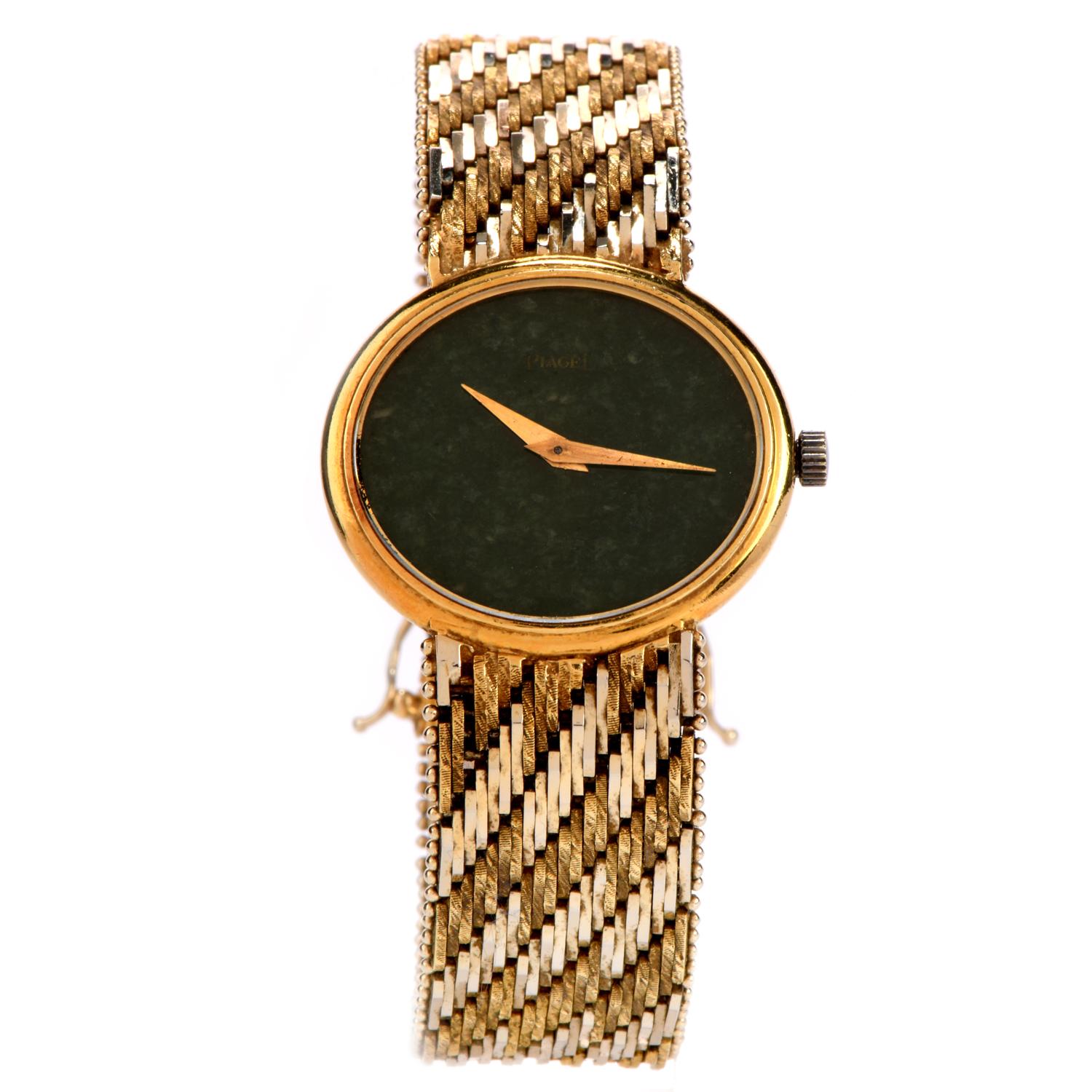 This Vintage Piaget 18K Gold Two Tone Woven Watch is perfect for someone who loves the Jade and the current trending retro fashions.  The watch band is 15 mm wide and is crafted in 18 karat yellow and white gold, displaying a

textured woven