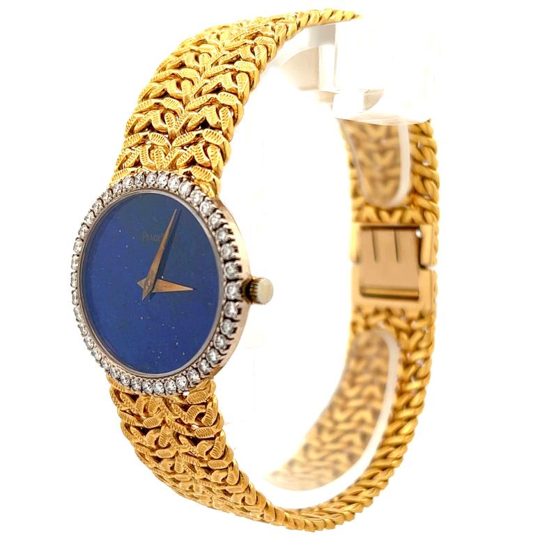  Piaget Montre-bracelet vintage en or jaune 18 carats avec lapis et diamants Unisexe 