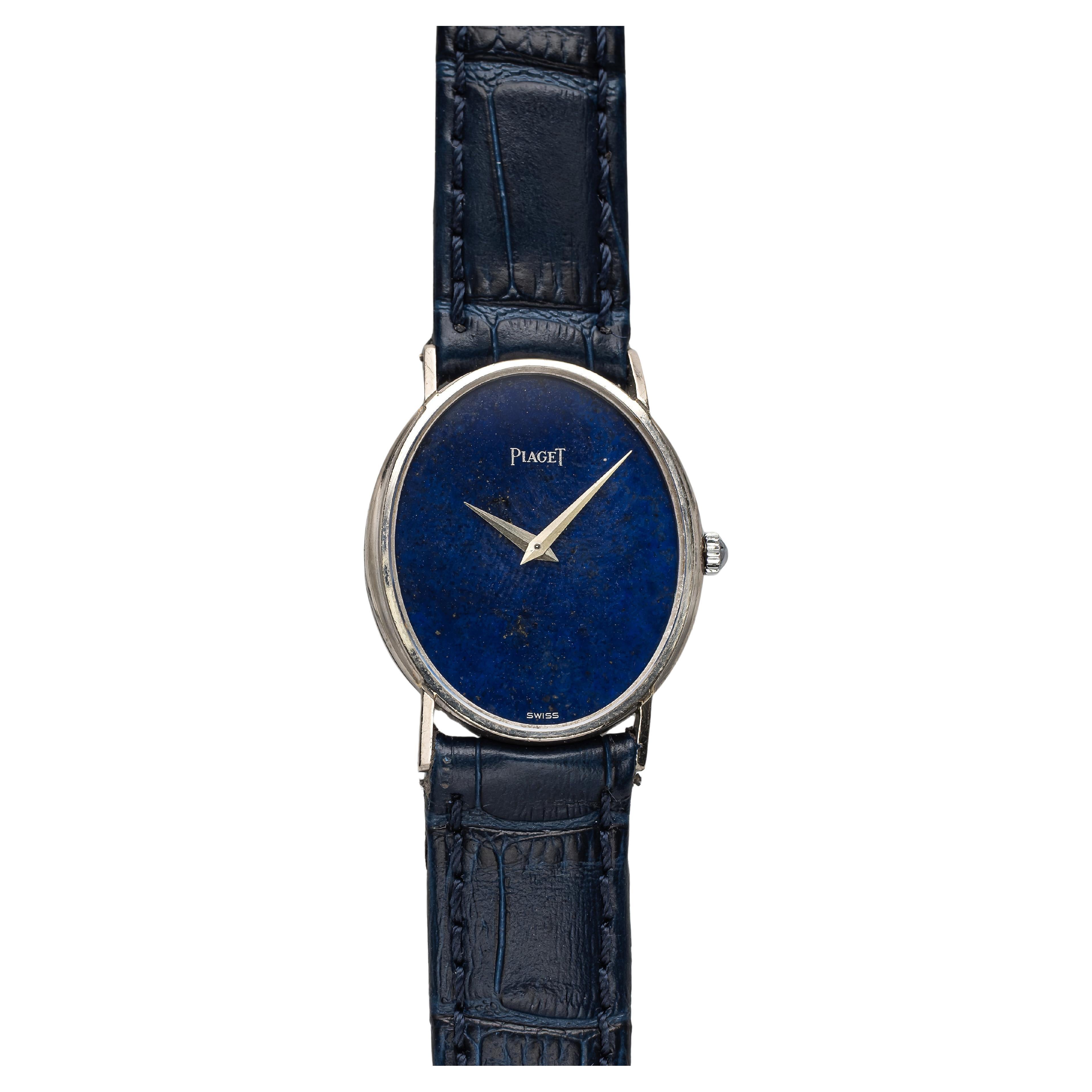 Vintage Piaget Manual Wind 1970s 18K White Gold Blue Lapis Dial 25mm Baignoire