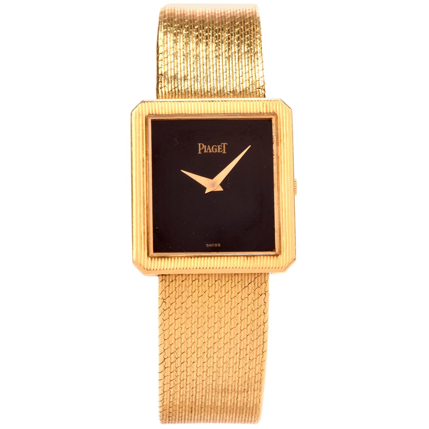 Vintage Piaget Onyx Rectangle 18 Karat Yellow Gold Unisex Watch
