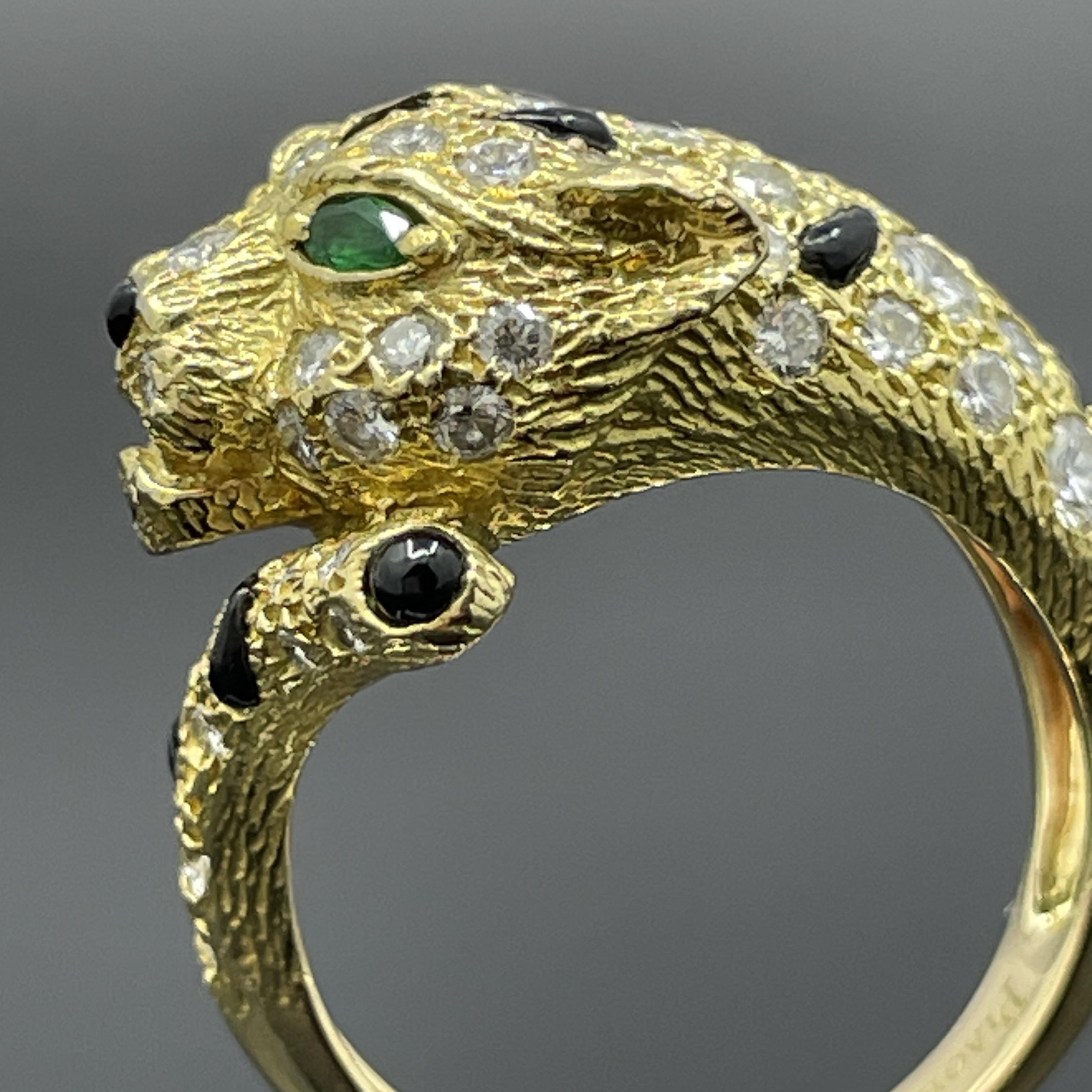 Round Cut Vintage Piaget Panther Ring Diamond Onyx & Emerald 18k Yellow Gold - French For Sale