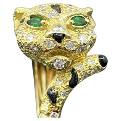 Vintage Piaget Panther Ring Diamond Onyx & Emerald 18k Yellow Gold - French