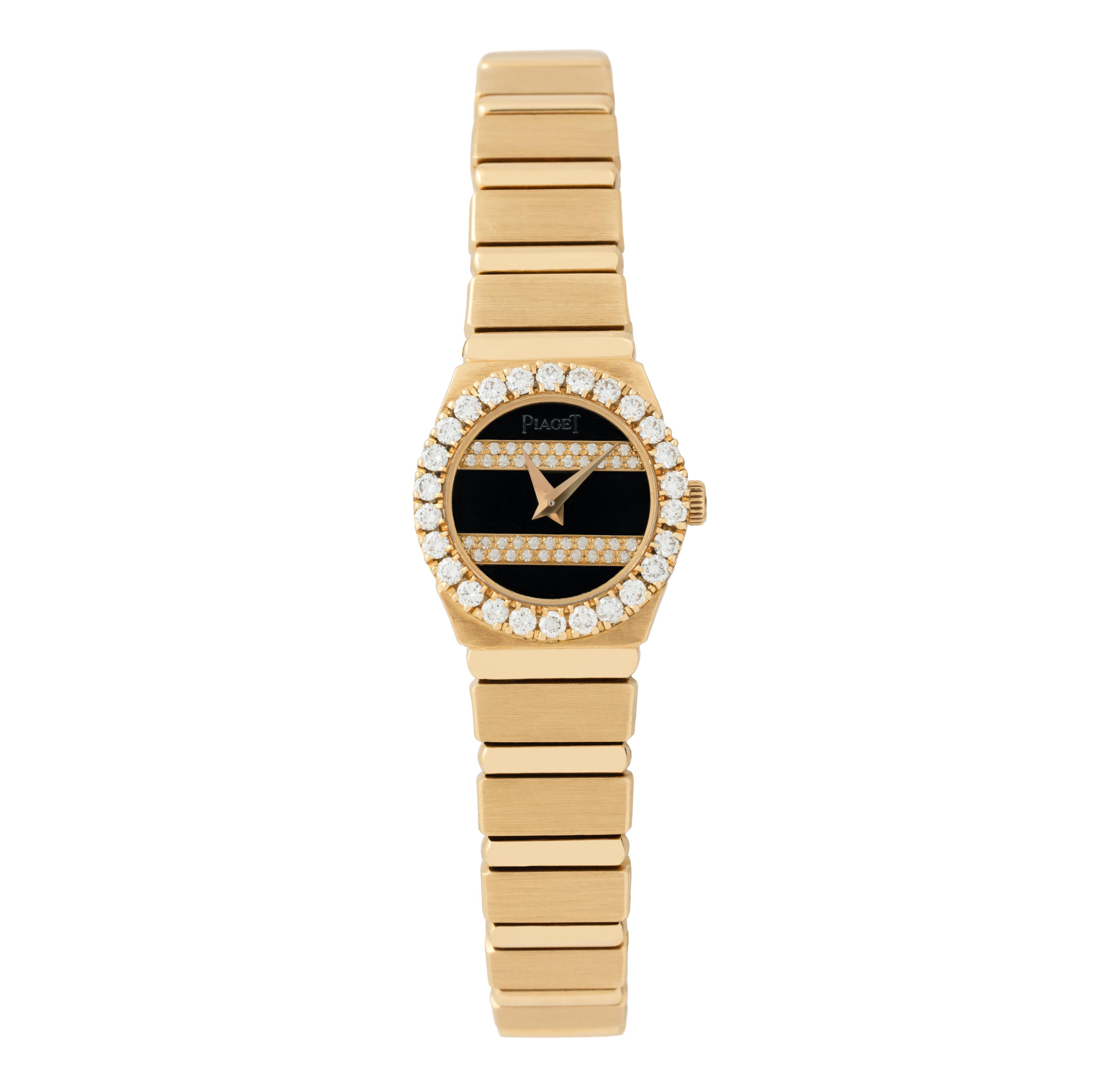Modern Vintage Piaget Polo Model 846C701 18 Karat Gold Onyx and Diamonds Watch