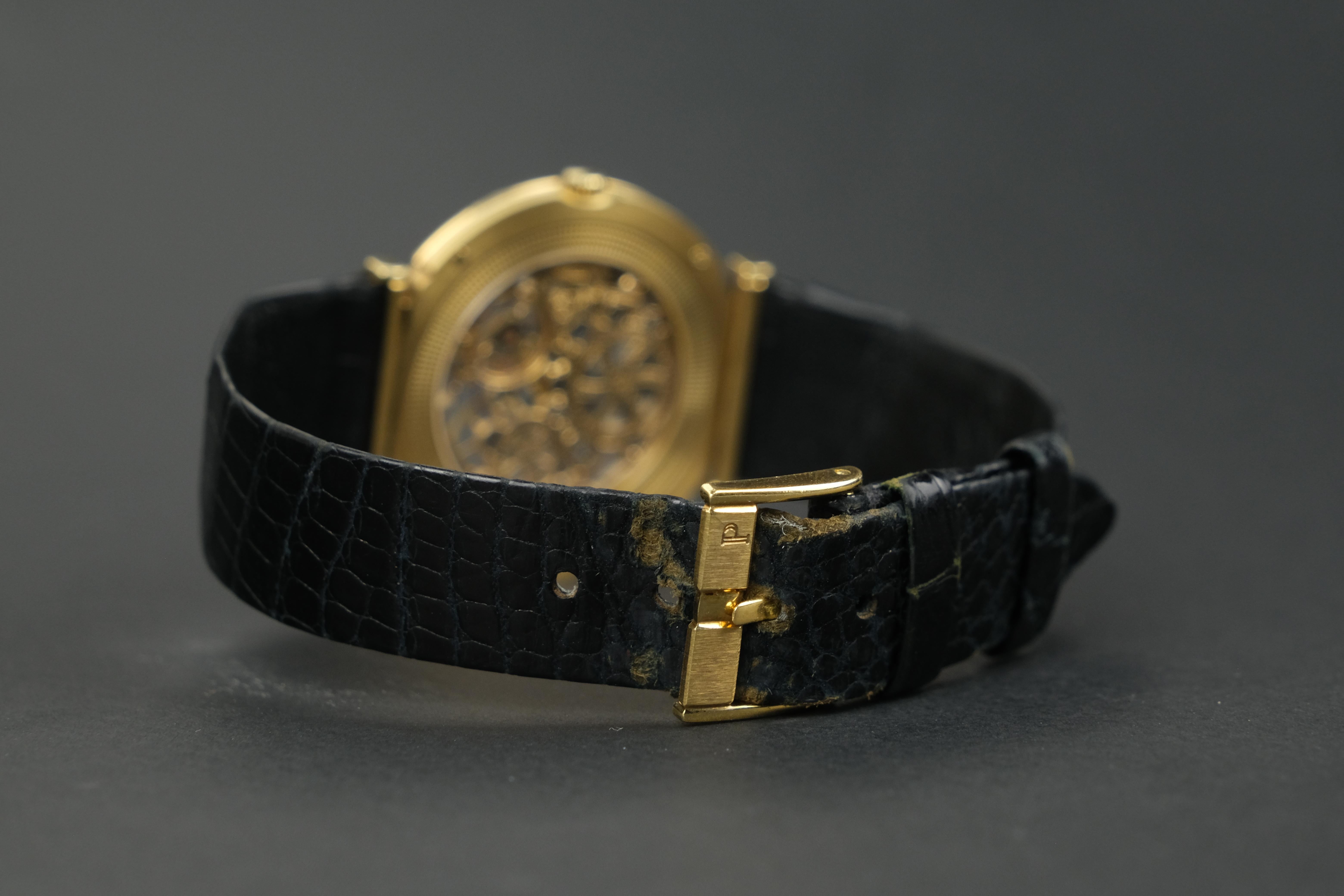 Brilliant Cut Vintage Piaget Polo Skeleton 18K Gold Diamond Stem Wind Wristwatch For Sale