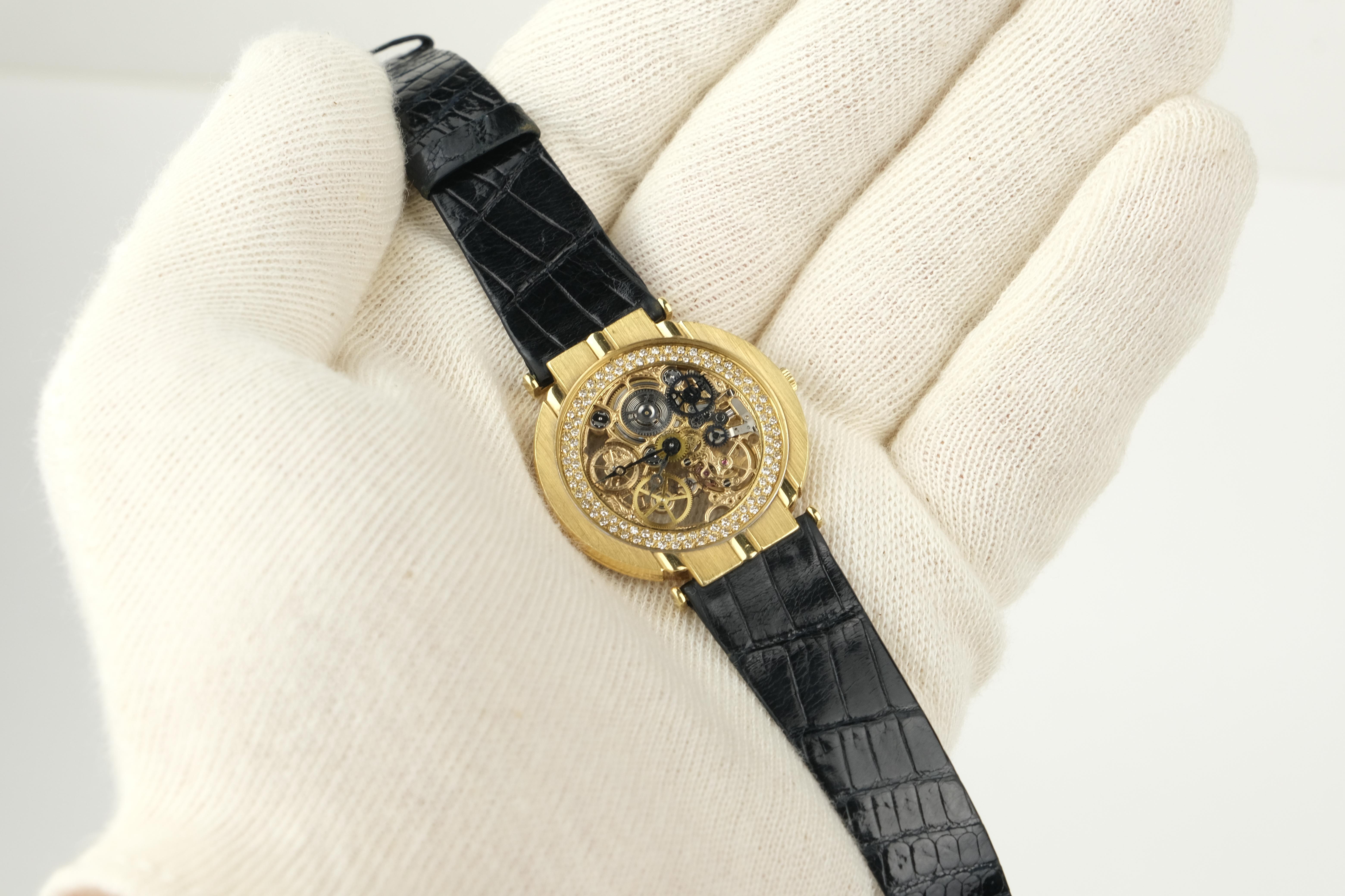 Vintage Piaget Polo Skeleton 18K Gold Diamond Stem Wind Wristwatch In Good Condition For Sale In Bradford, Ontario