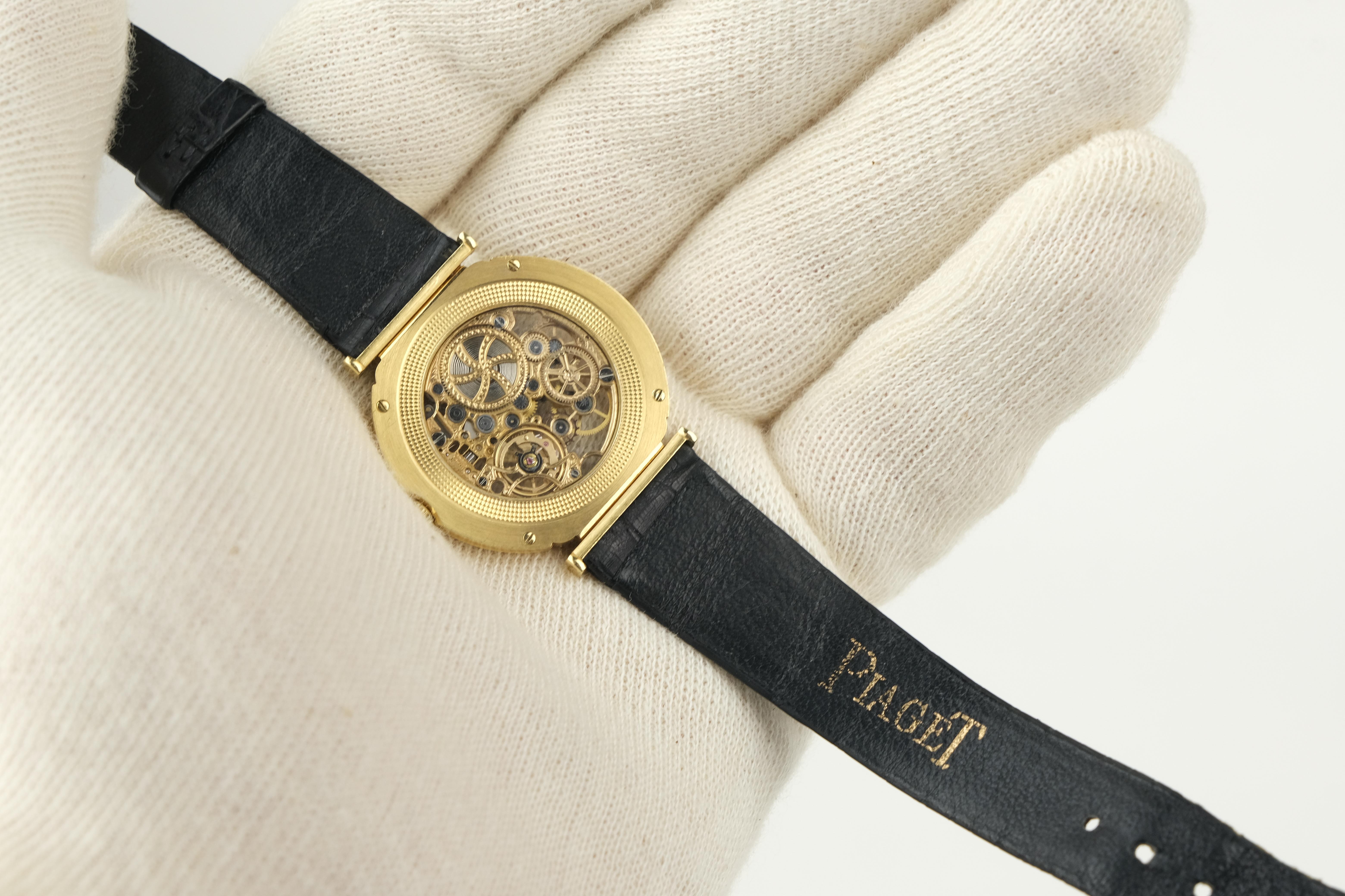 Women's or Men's Vintage Piaget Polo Skeleton 18K Gold Diamond Stem Wind Wristwatch For Sale