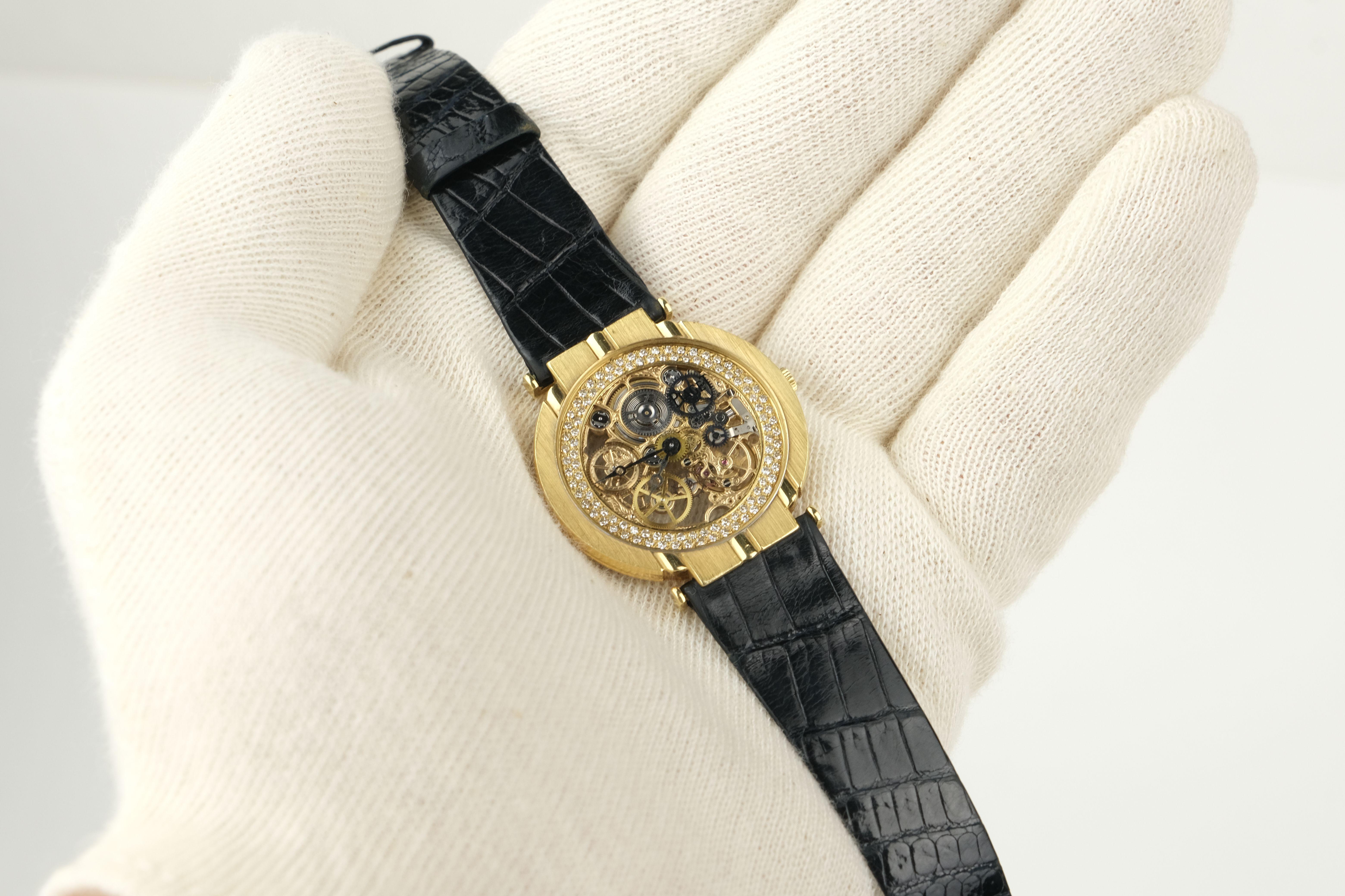 Women's or Men's Vintage Piaget Polo Skeleton 18K Gold Diamond Stem Wind Wristwatch For Sale