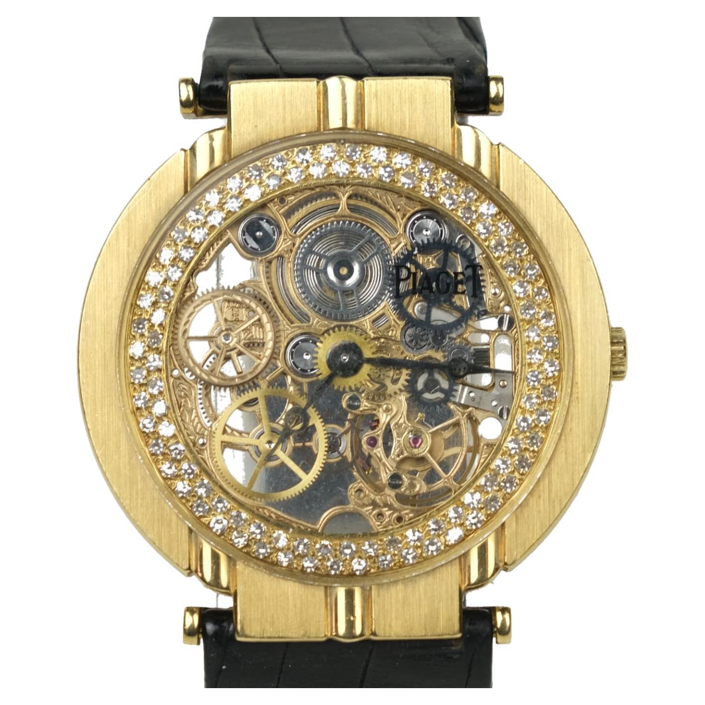 Vintage Piaget Polo Skeleton 18K Gold Diamond Stem Wind Wristwatch For Sale