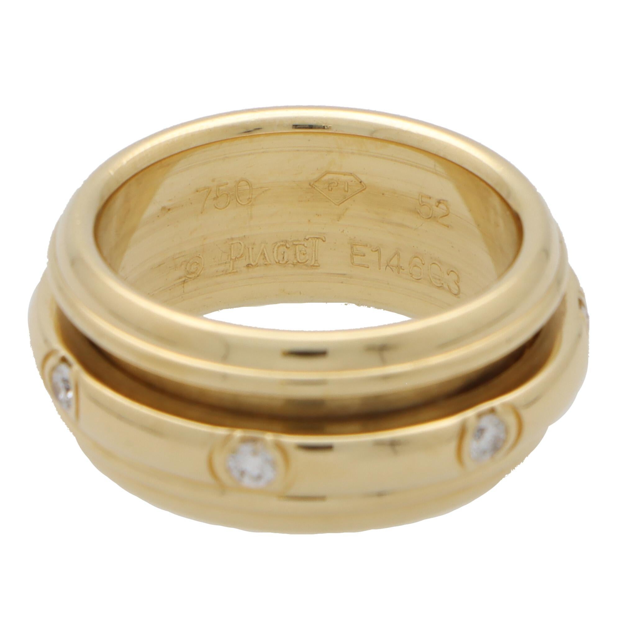 A beautiful vintage Piaget diamond band ring set in 18k yellow gold.

From the now discontinued ‘Possessions’ collection the ring is predominantly composed of an Etruscan inspired band. Set centrally to the band is another thinner band bezel set