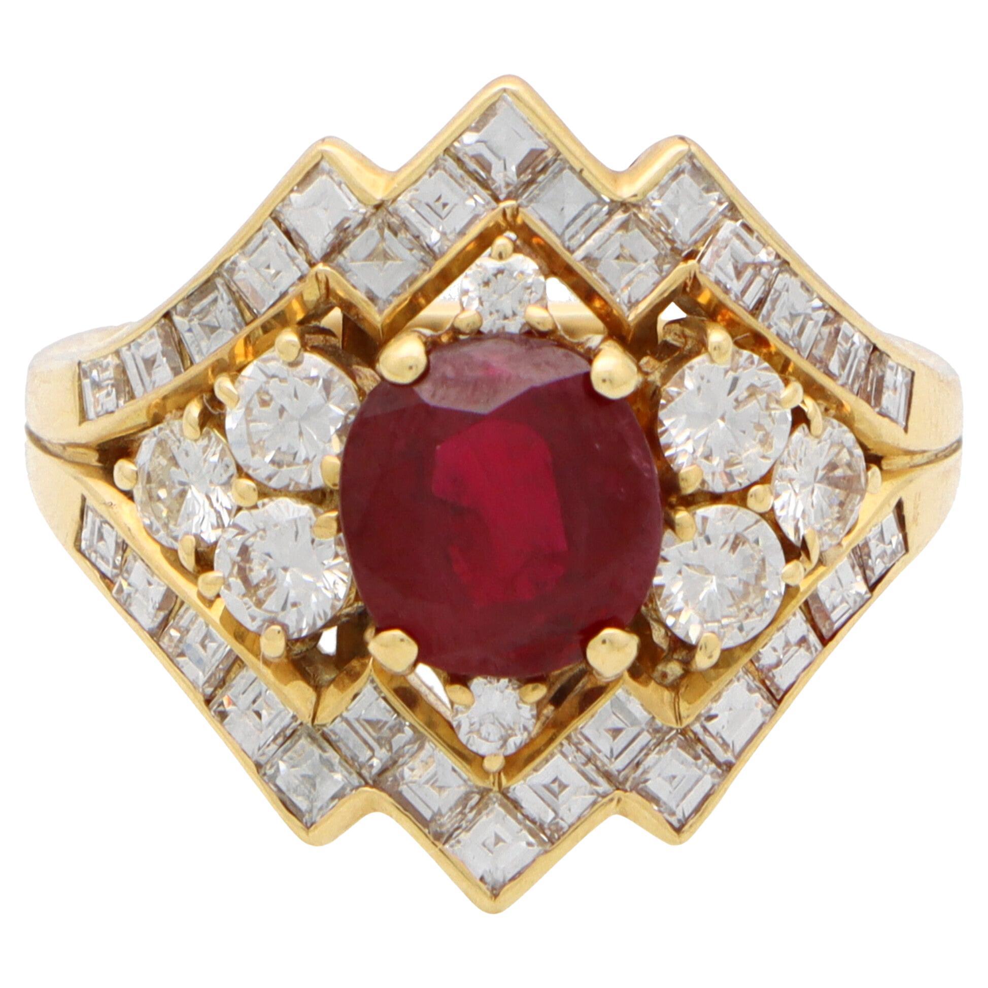 Vintage Piaget Ruby and Diamond Cluster Ring Set in 18k Yellow Gold