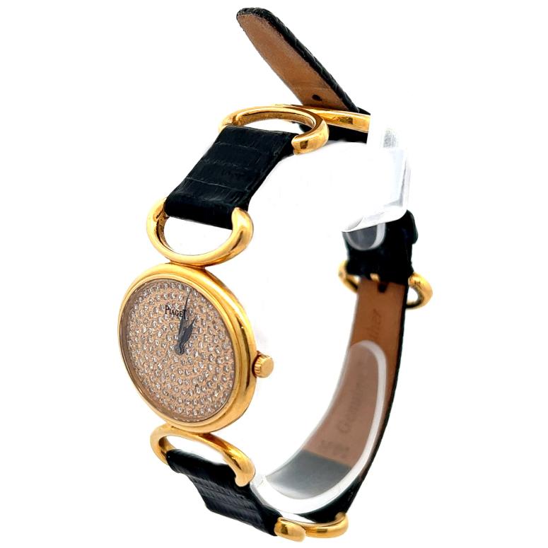 Piaget Schweizer Diamant-Lederarmbanduhr aus 18 Karat Gelbgold für Damen oder Herren