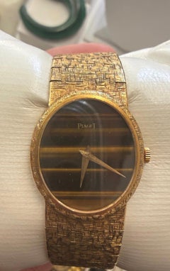 Vintage Piaget Tiger’s Eye Dial Watch 18K Yellow Gold Bark Finish Bracelet