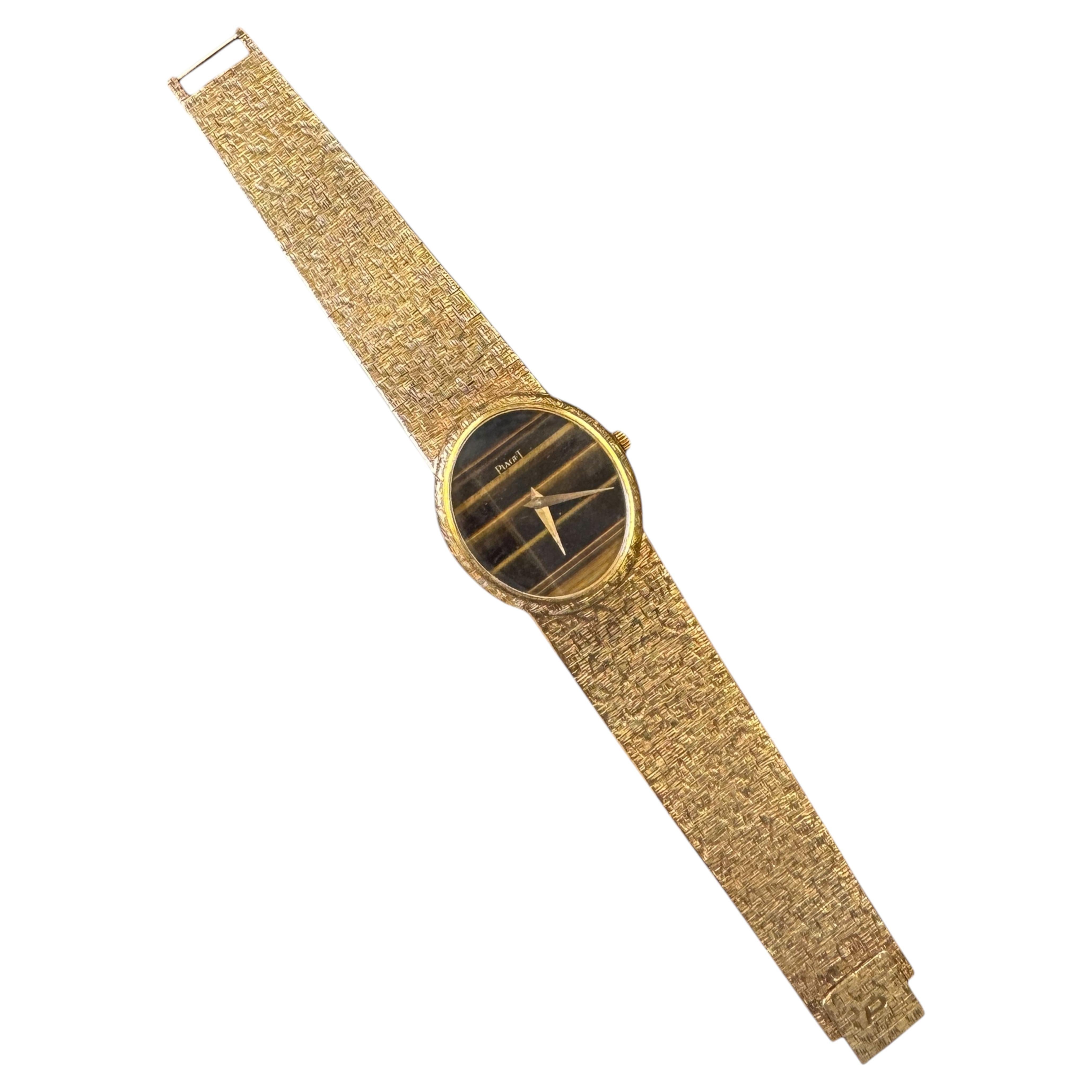Vintage Piaget Tiger’s Eye Dial Watch 18K Yellow Gold Bark Finish Bracelet