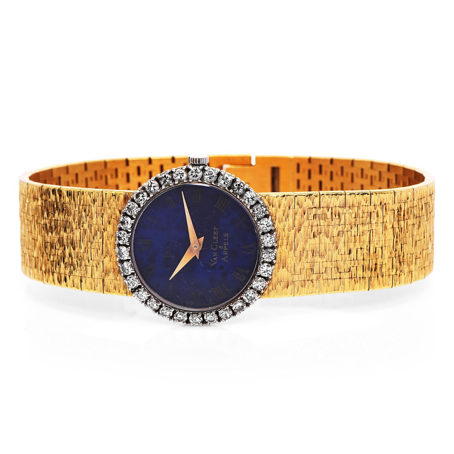 Two luxury houses joined in the 1970s to create this exquisite piece. This 1960s watch is Crafted in solid 18k  18K Yellow Gold, with a Diamond Bezel & authentic Lapis Lazuli Blue Dial.

With Factory set, 30 Round cut, prong-set genuine Diamonds,