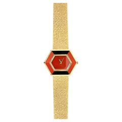 Vintage Piaget Wrist Watch 18k Yellow Gold Coral Onyx Octagon Shape Case